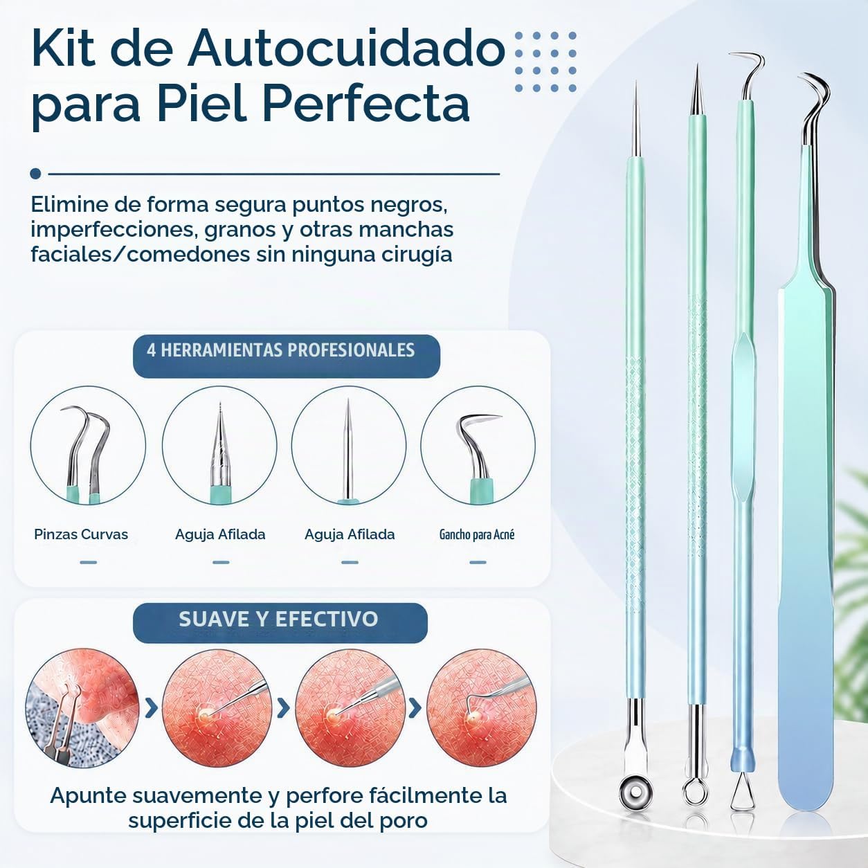 KIT REMOVEDOR DE PUNTOS NEGROS MENOLY 10 PIEZAS ACERO INOXIDABLE CON ESTUCHE - 4