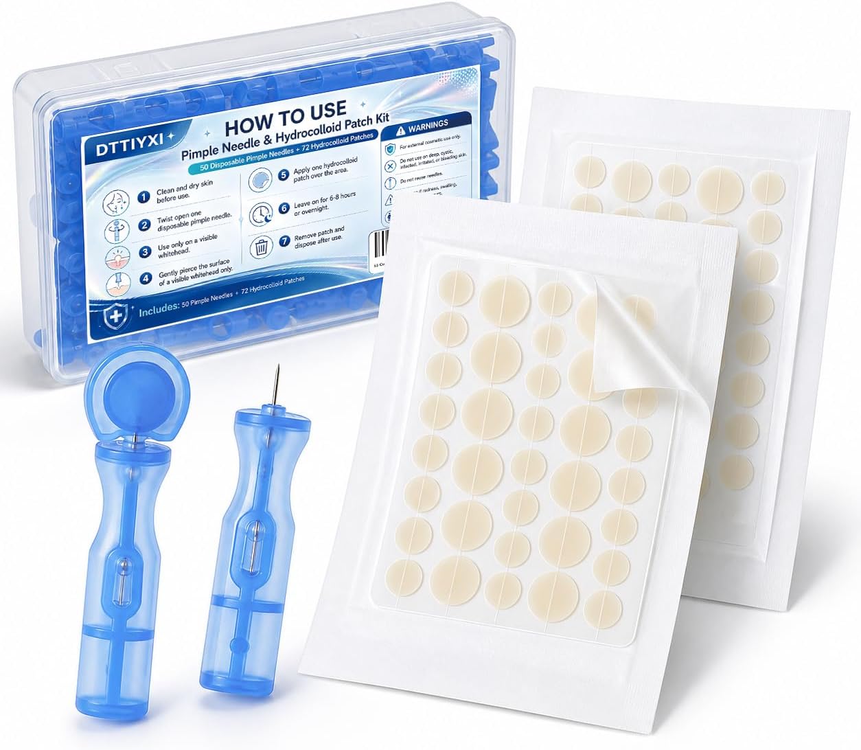 KIT DE CUIDADO FACIAL DTTIYXI CON 50 AGUJAS DESECHABLES Y 72 PARCHES HIDROCOLOIDES - 1