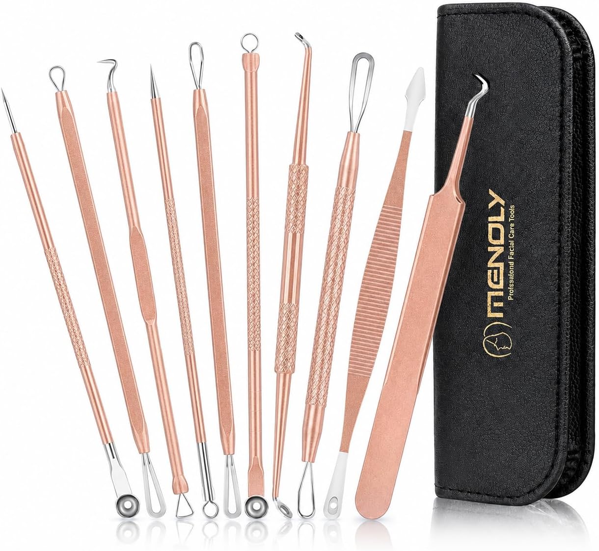 KIT DE HERRAMIENTAS PARA ELIMINAR PUNTOS NEGROS MENOLY 10 PIEZAS CON ESTUCHE DE CUERO COLOR DORADO ROSA - 1