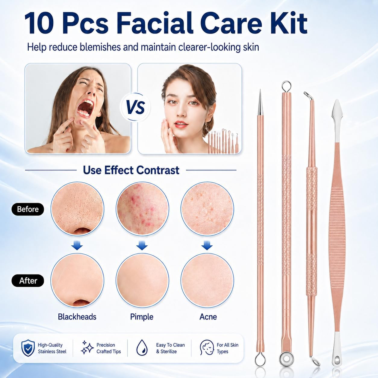 KIT DE HERRAMIENTAS PARA ELIMINAR PUNTOS NEGROS MENOLY 10 PIEZAS CON ESTUCHE DE CUERO COLOR DORADO ROSA - 4