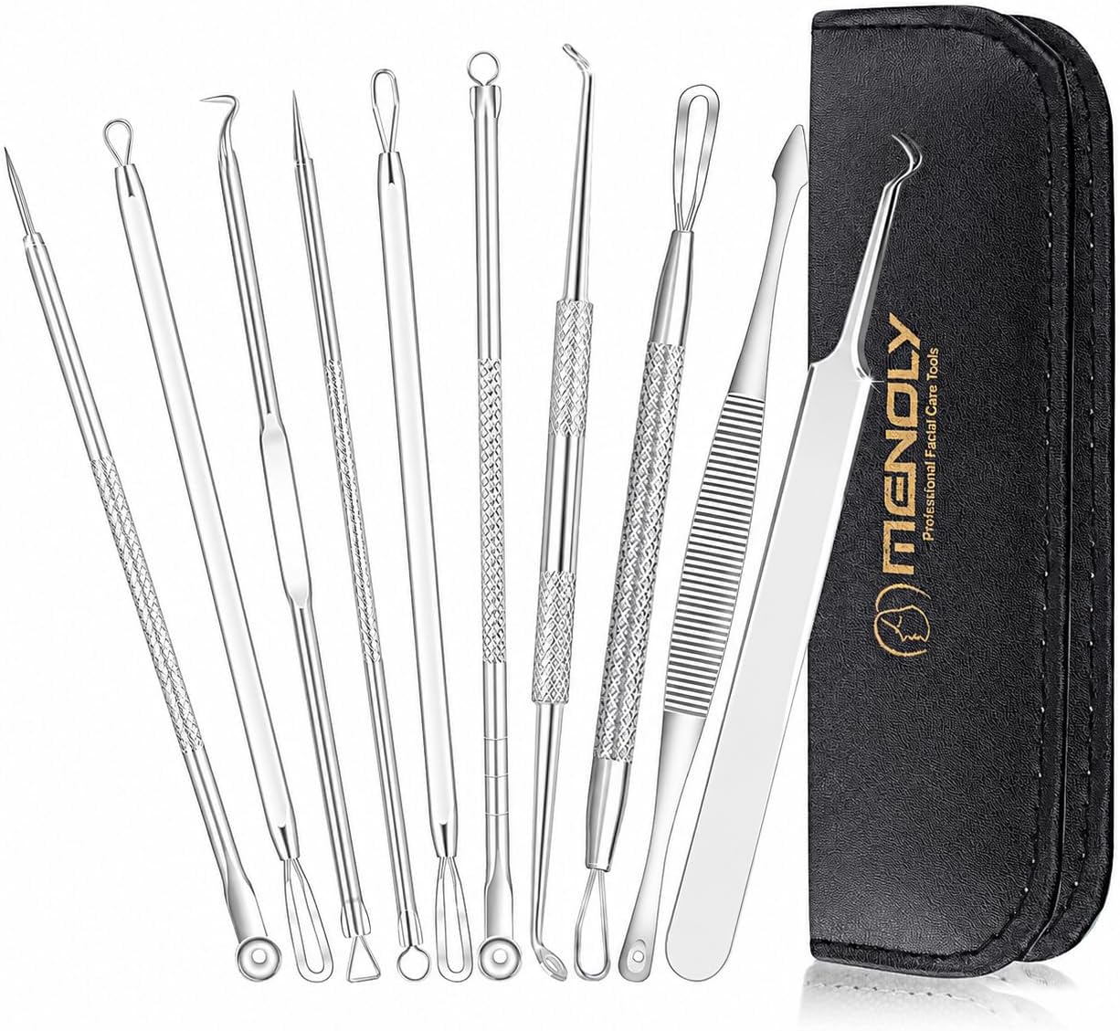 KIT DE HERRAMIENTAS PARA ESPINILLAS MENOLY 10 PIEZAS CON ESTUCHE DE CUERO NEGRO - 1