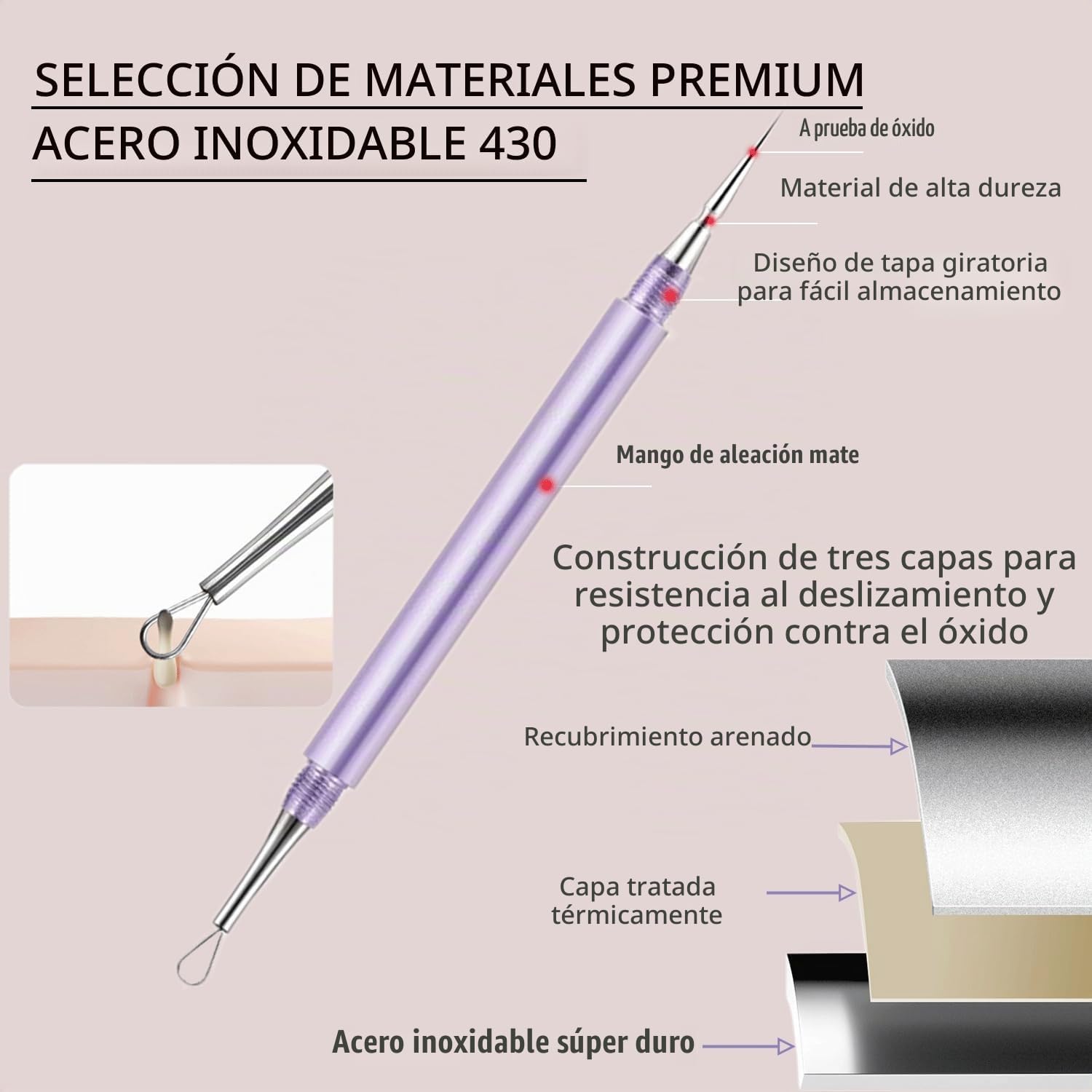 EXTRACTOR DE ACNÉ PROFESIONAL SESTBALL 2 EN 1 ACERO INOXIDABLE ROSA - 4