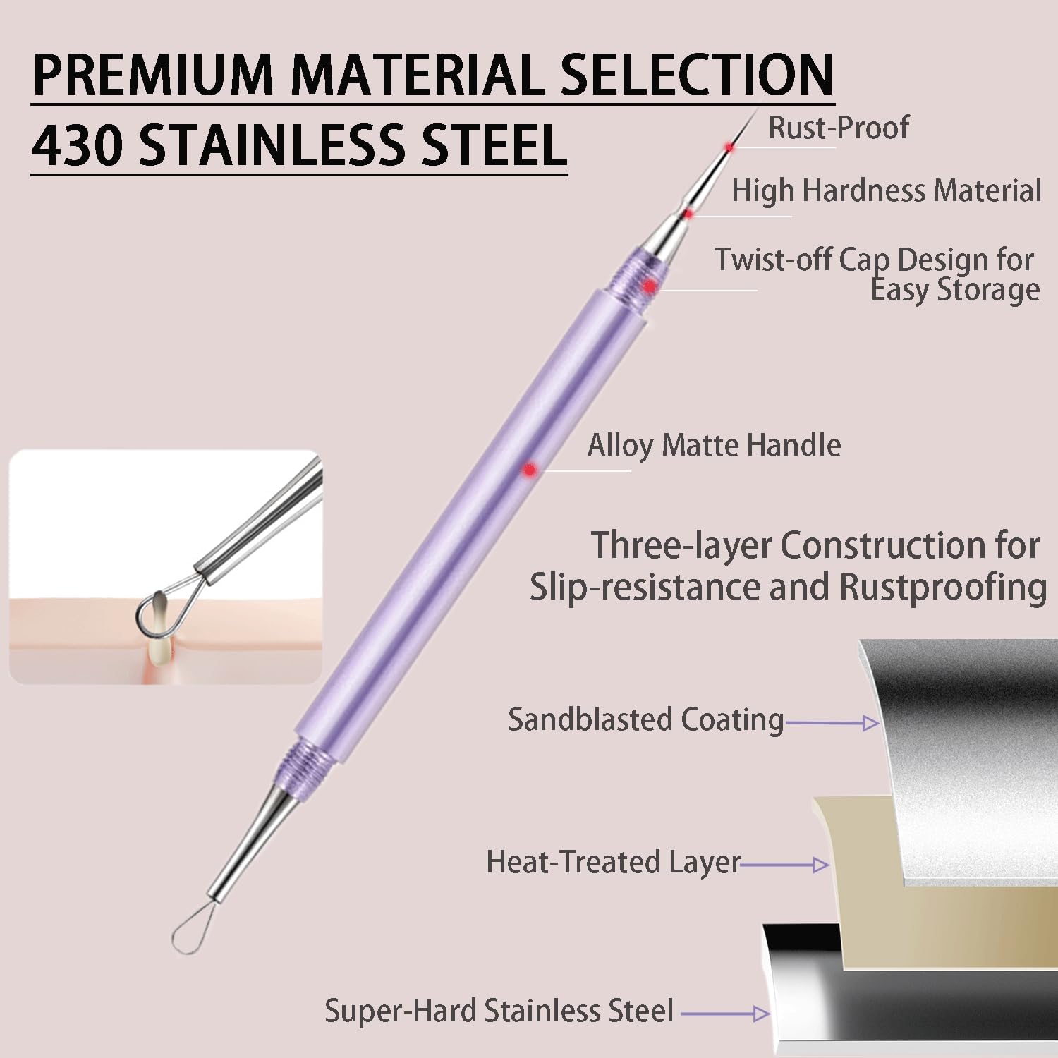 EXTRACTOR DE ACNÉ PROFESIONAL SESTBALL 2 EN 1 ACERO INOXIDABLE MORADO - 4