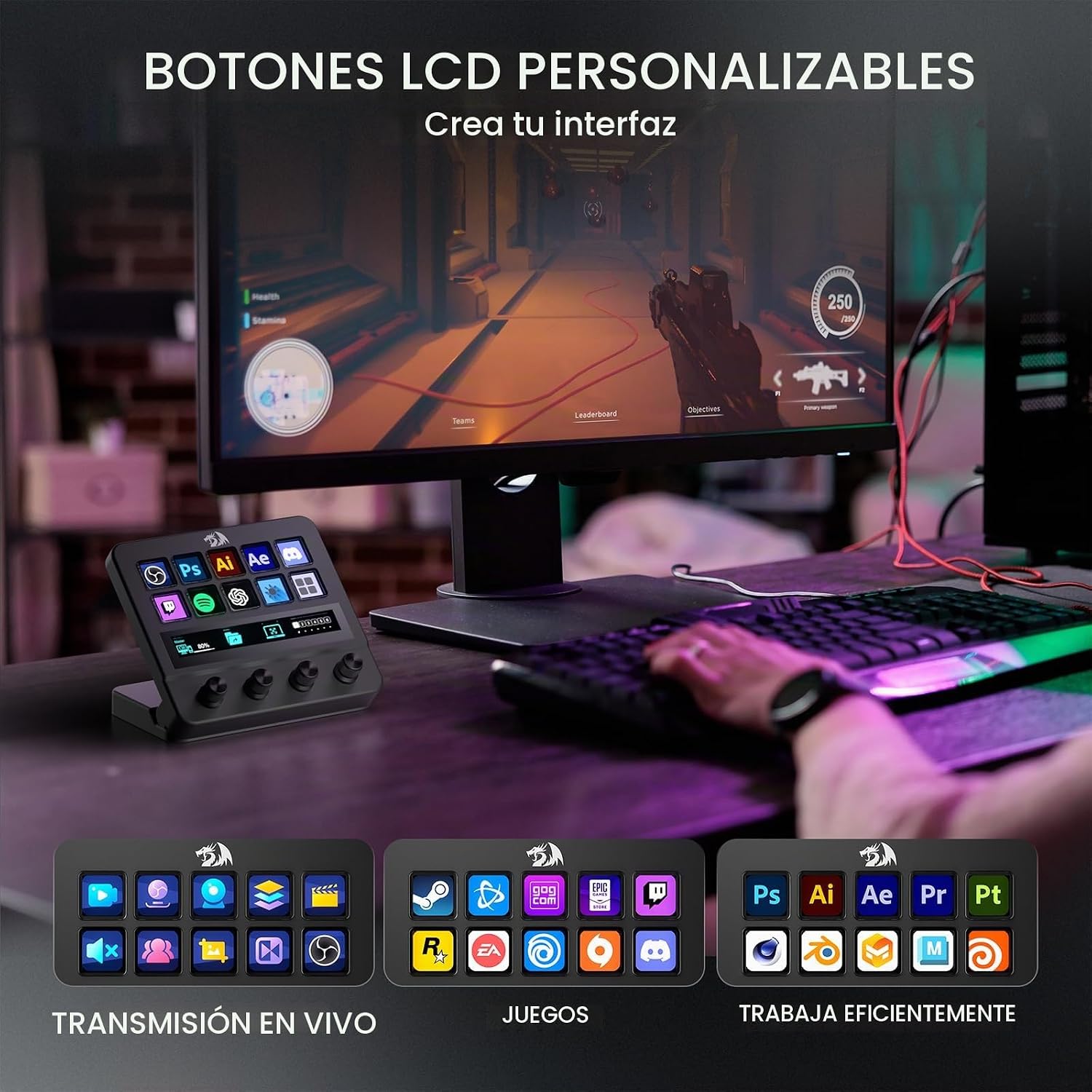 CONTROLADOR DE STREAMING REDRAGON SS552 CON 14 TECLAS PROGRAMABLES Y PANTALLA LCD - 4