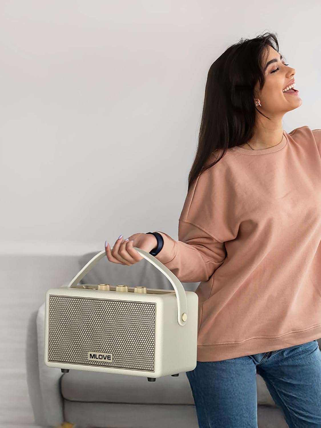 PARLANTE PORTÁTIL MLOVE A200 BLUETOOTH RETRO BLANCO CON CORREA - 4