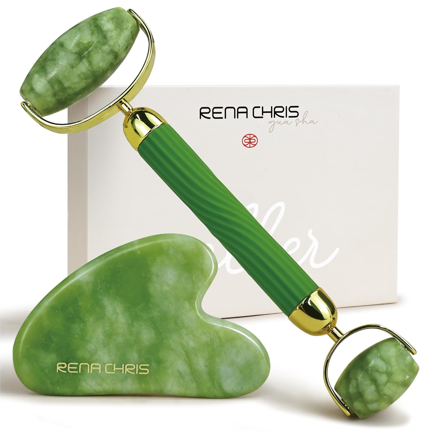 SET DE GUA SHA Y RODILLO FACIAL RENA CHRIS JADE VERDE - 1