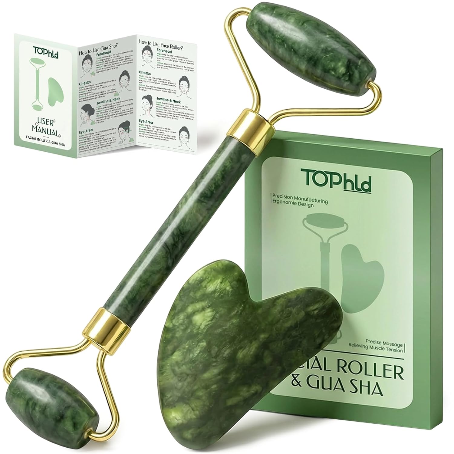 SET DE HERRAMIENTAS FACIALES TOPHLD JADE ROLLER Y GUA SHA - 1