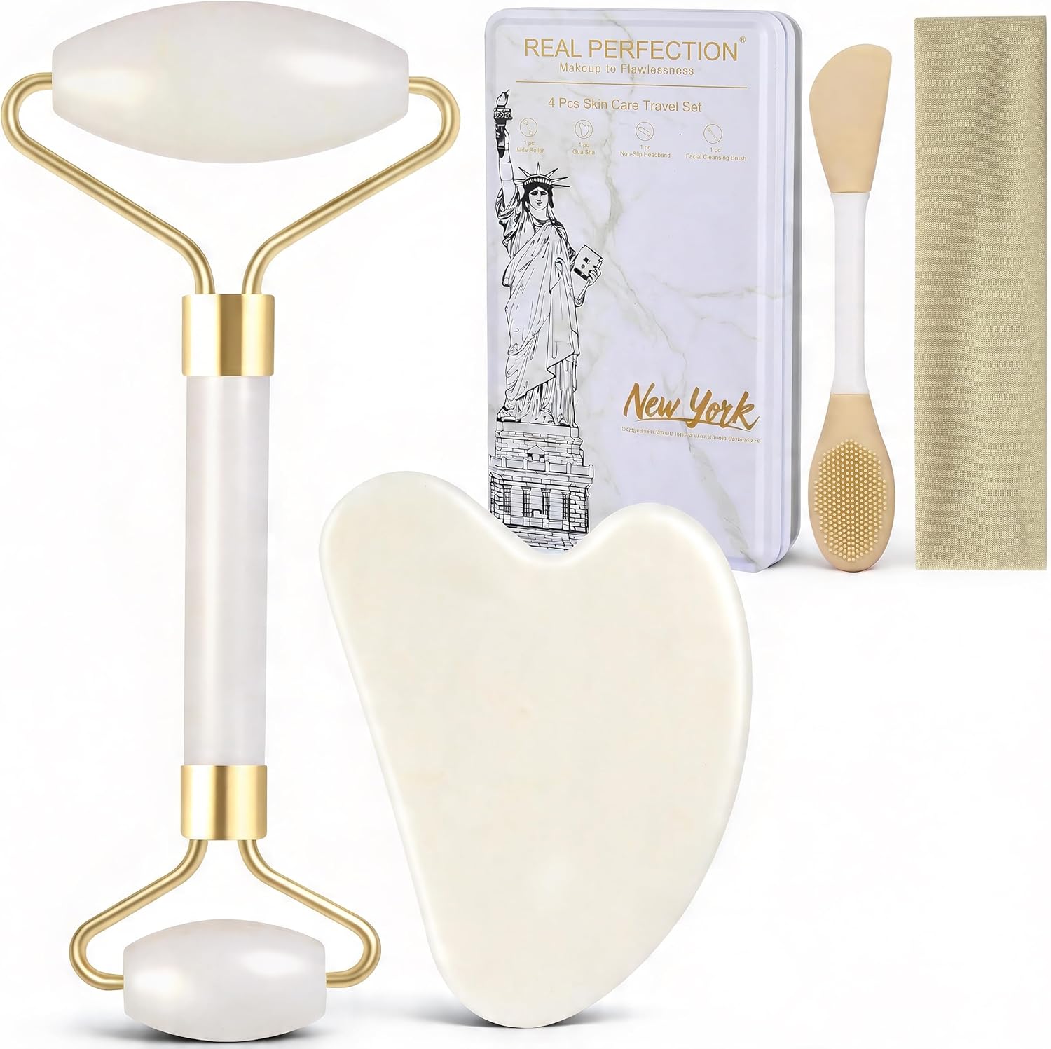 SET DE HERRAMIENTAS FACIALES REAL PERFECTION GUA SHA Y RODILLO DE JADE BLANCO - 1