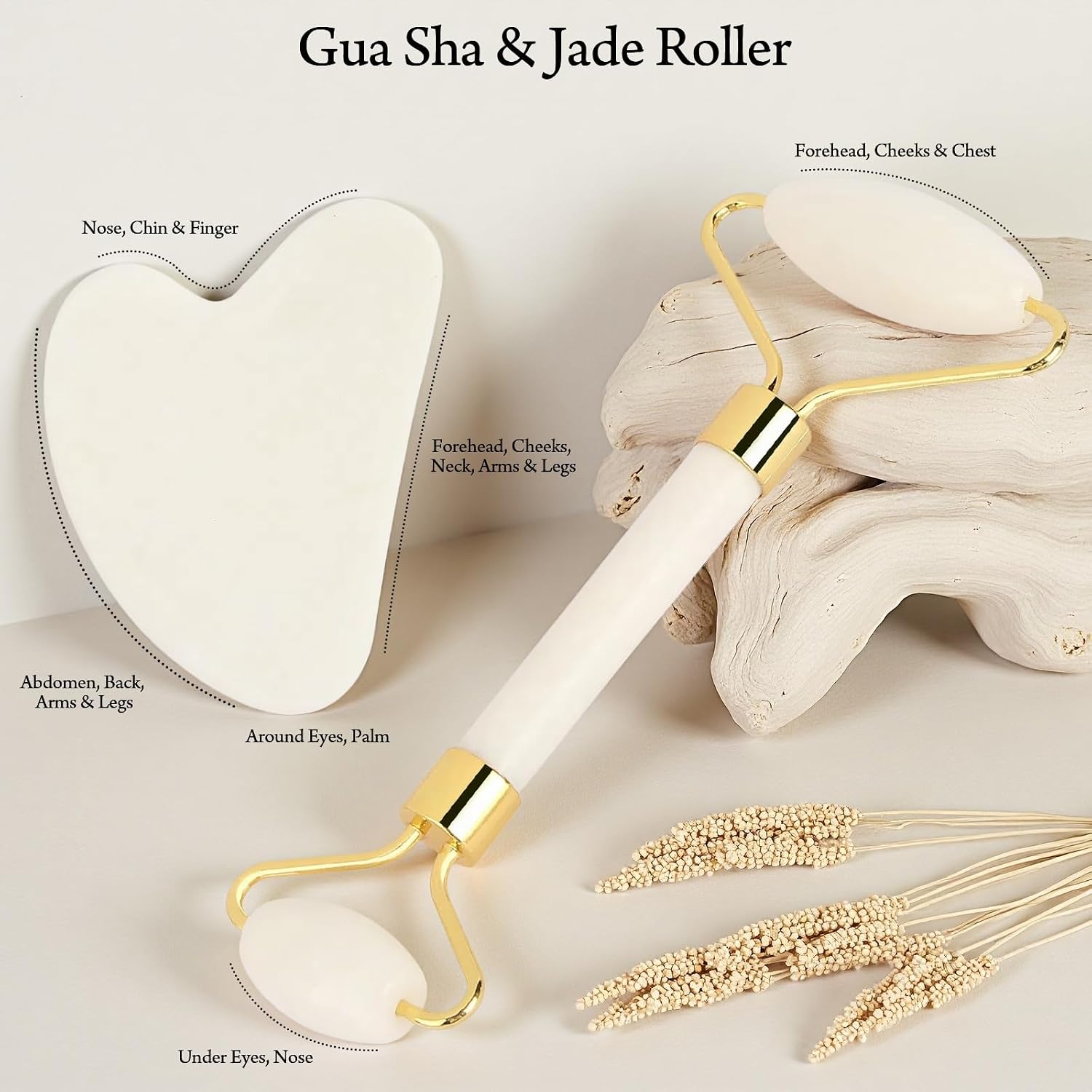 SET DE HERRAMIENTAS FACIALES REAL PERFECTION GUA SHA Y RODILLO DE JADE BLANCO - 2