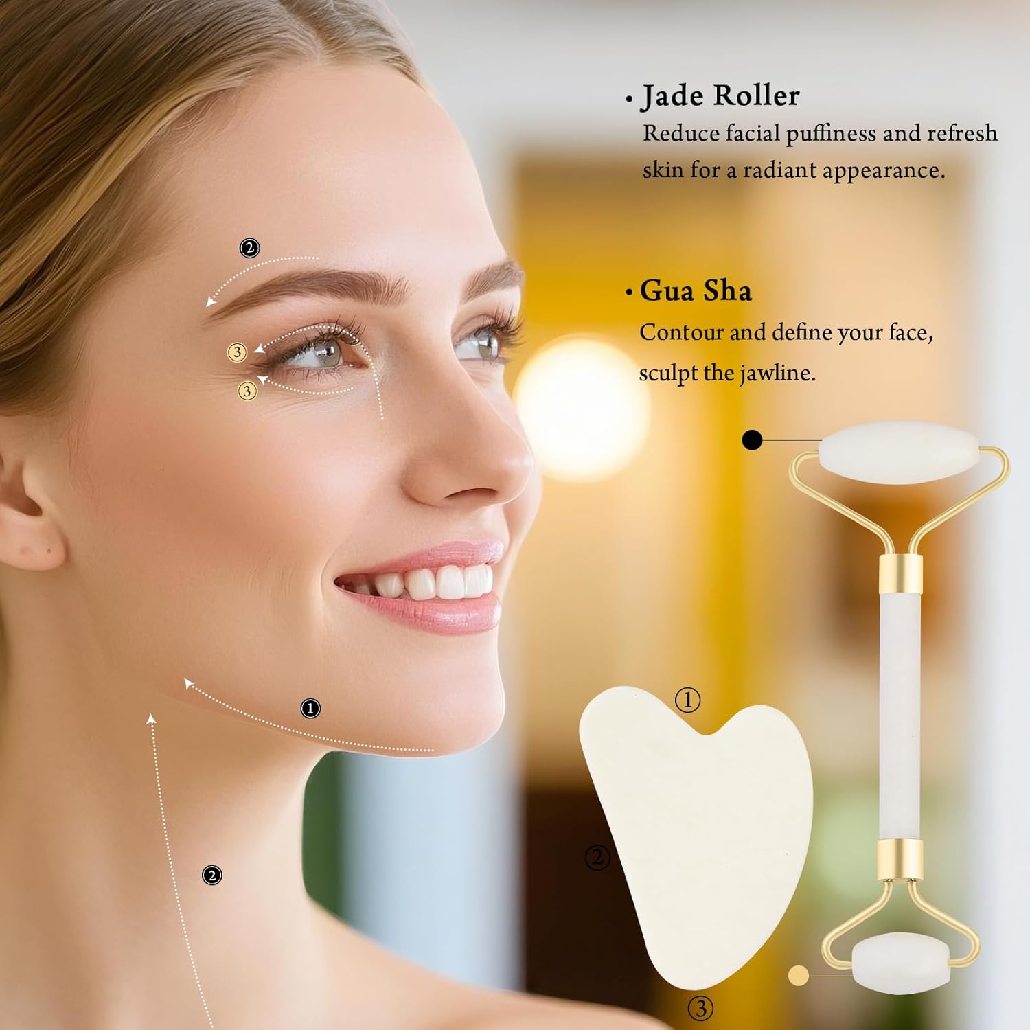 SET DE HERRAMIENTAS FACIALES REAL PERFECTION GUA SHA Y RODILLO DE JADE BLANCO - 3