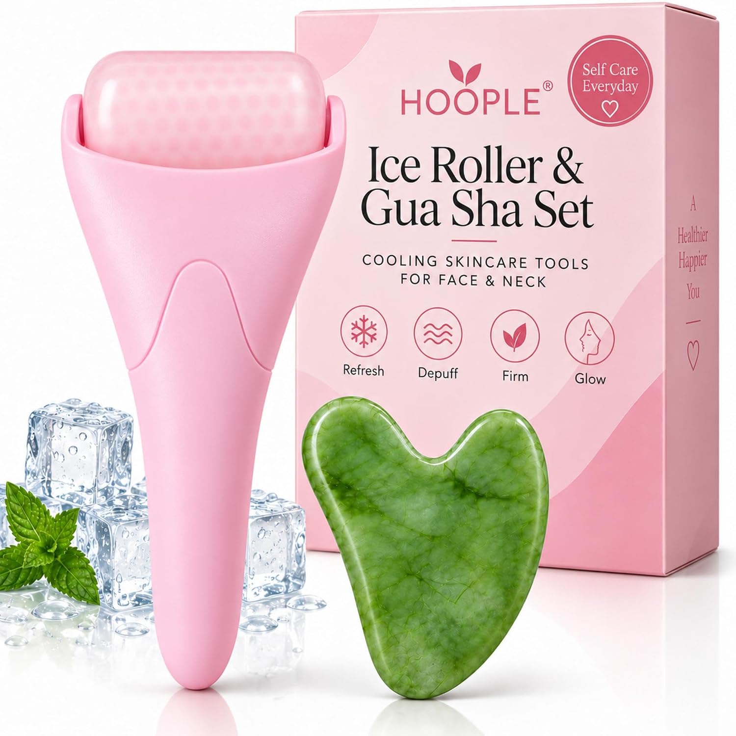 RODILLO FACIAL HOOPLE ICE ROLLER Y GUA SHA SET ROSA Y VERDE - 1