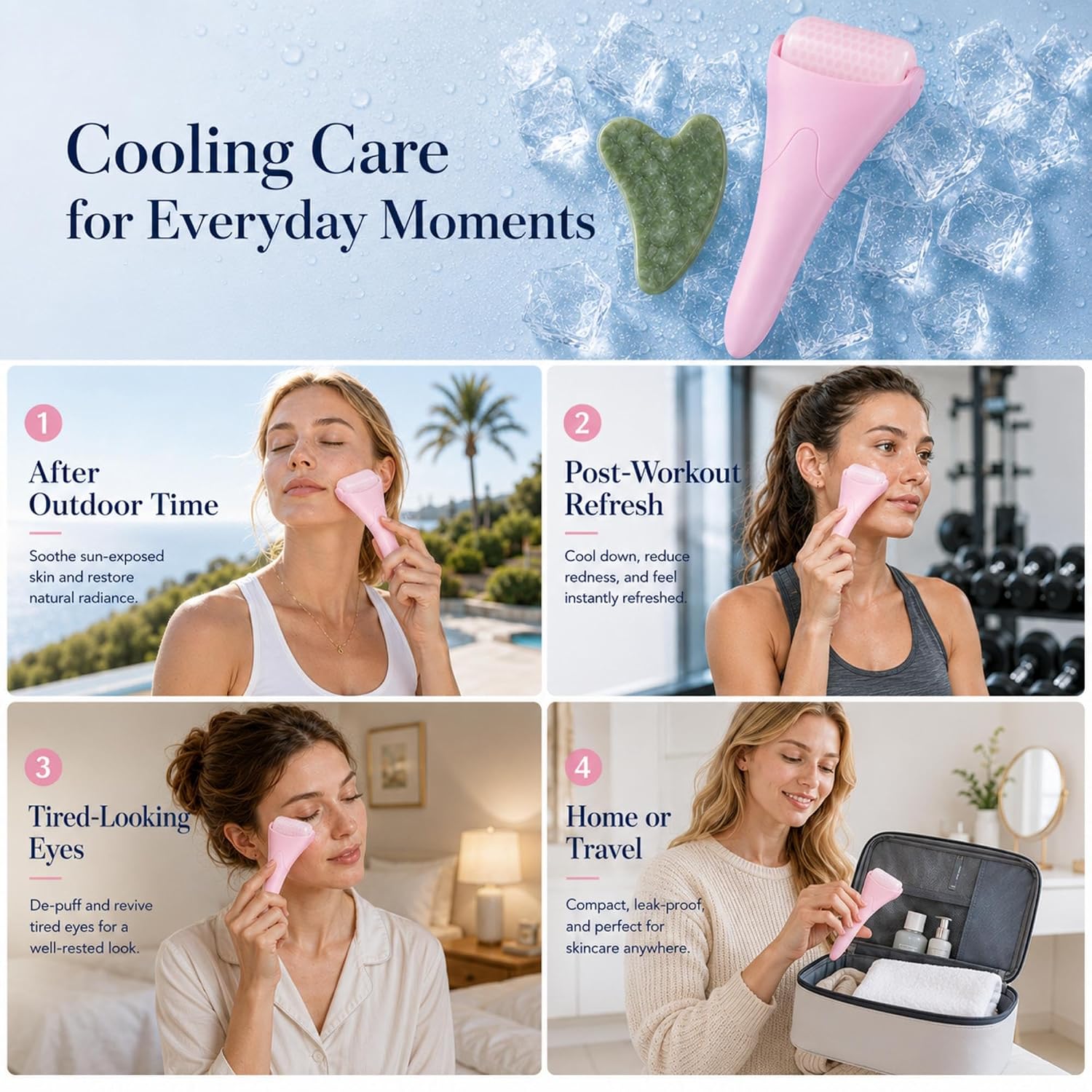 RODILLO FACIAL HOOPLE ICE ROLLER Y GUA SHA SET ROSA Y VERDE - 4