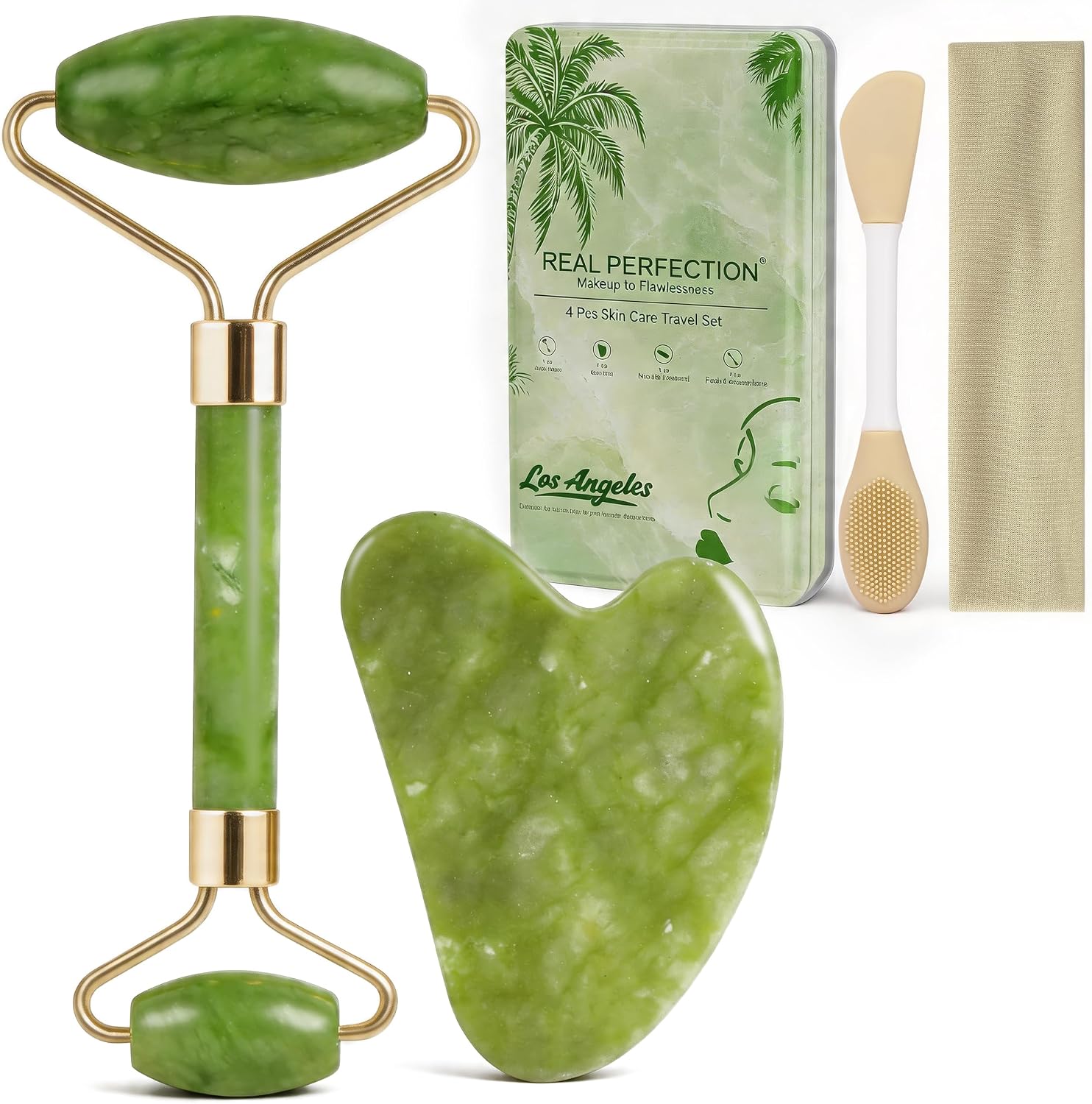 SET DE HERRAMIENTAS FACIALES REAL PERFECTION GUA SHA Y RODILLO DE JADE VERDE - 1