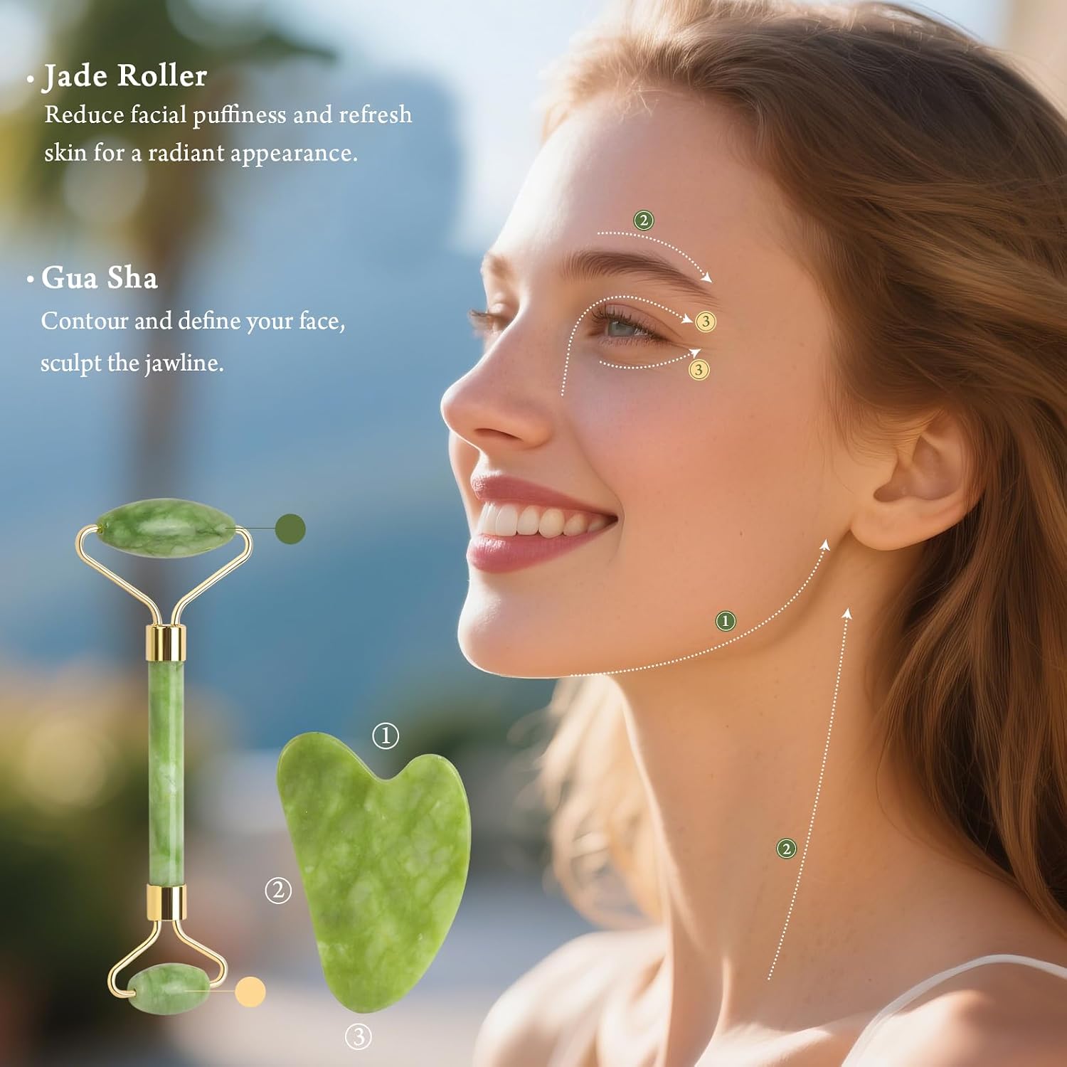 SET DE HERRAMIENTAS FACIALES REAL PERFECTION GUA SHA Y RODILLO DE JADE VERDE - 3
