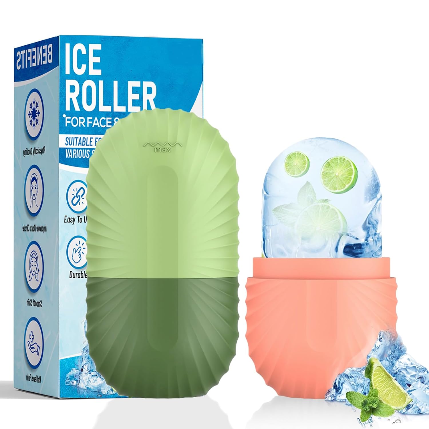 RODILLO DE HIELO PARA ROSTRO Y OJOS ZPU 2 UNIDADES SILICONA ROSA Y VERDE - 1