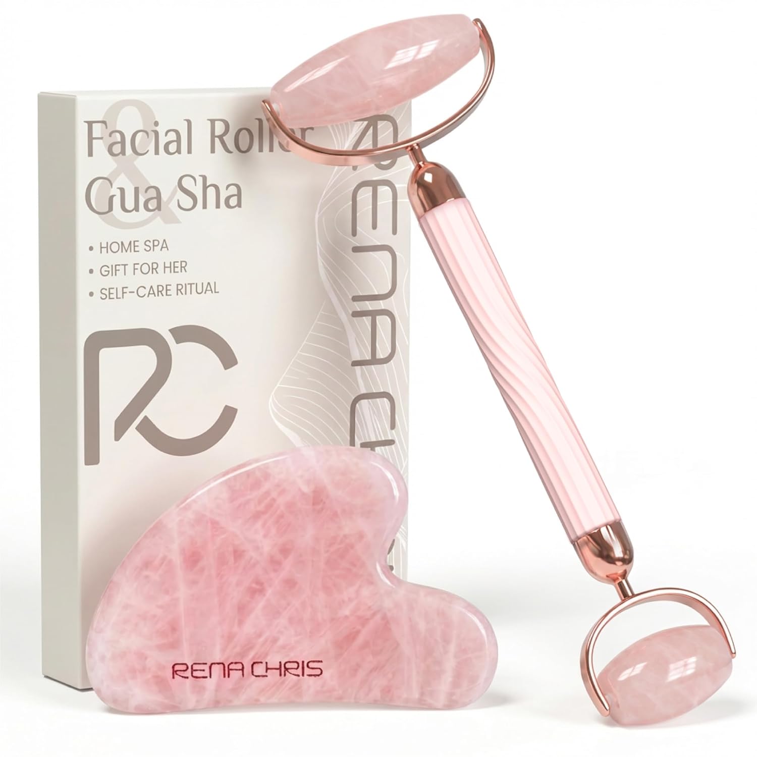 SET DE GUA SHA Y RODILLO FACIAL RENA CHRIS CUARZO ROSA - 1