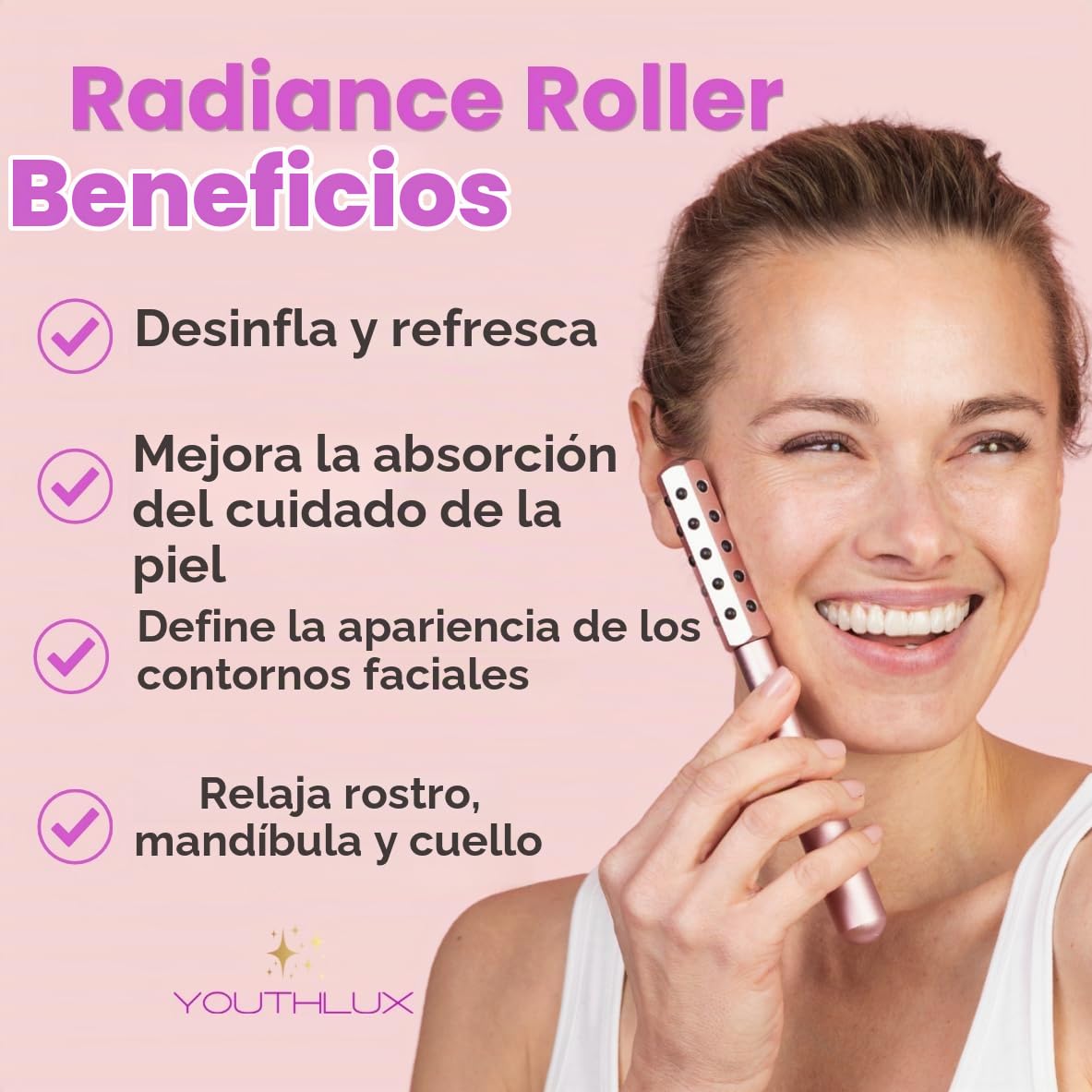 RODILLO FACIAL YOUTHLUX RADIANCE ROLLER PIEDRA DE GERMANIO ROSA DORADO - 3