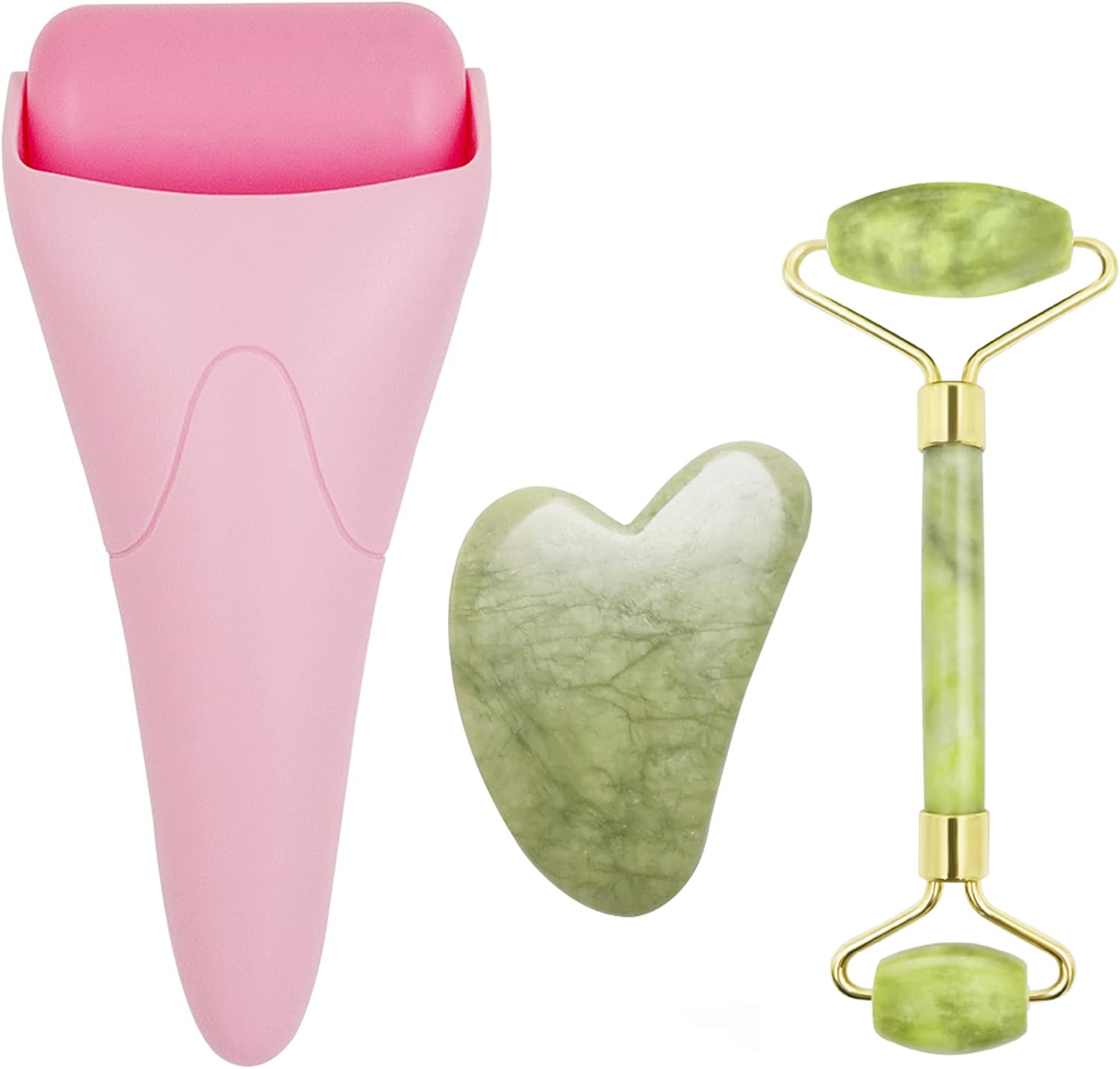 RODILLO FACIAL 3 EN 1 CHIKONI JADE Y GUA SHA CON ICE ROLLER ROSA - 1