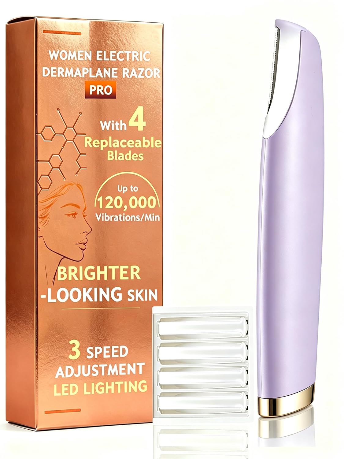 DEPILADORA FACIAL ELÉCTRICA URSOBTF DERMAPLANE SONIC CON LUZ LED Y 4 CUCHILLAS REEMPLAZABLES MORADO - 1