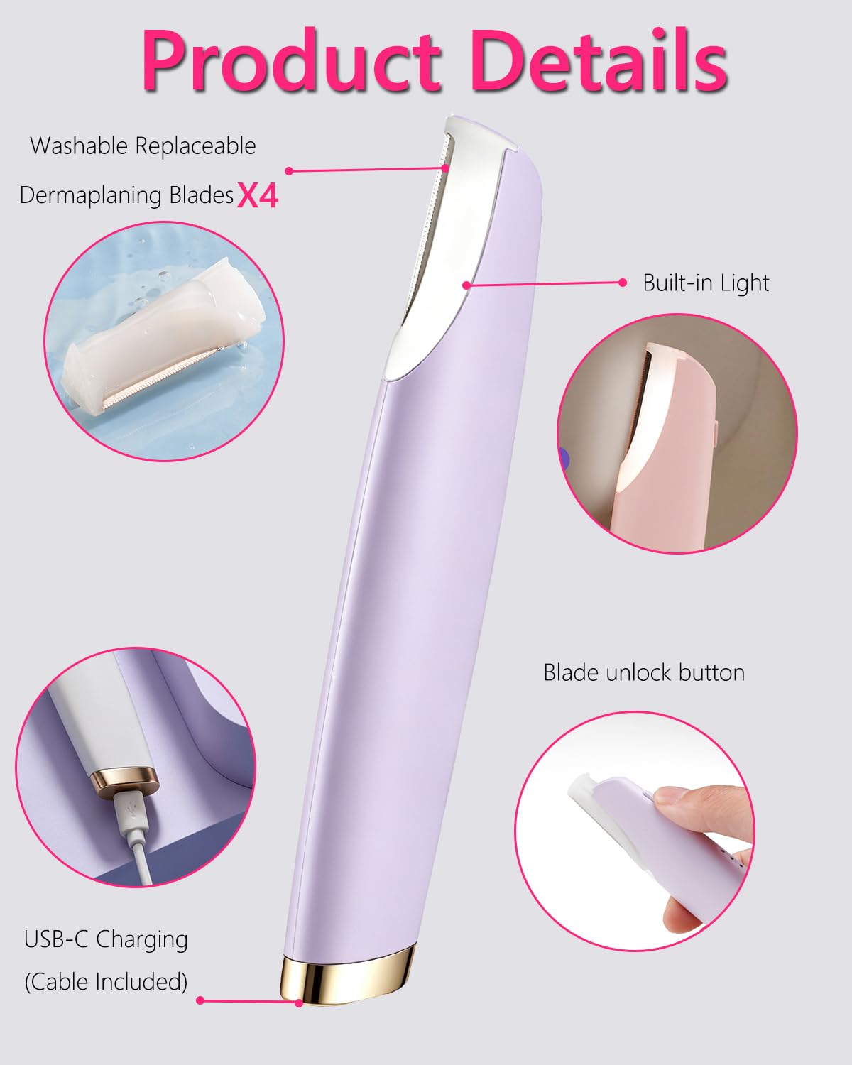 DEPILADORA FACIAL ELÉCTRICA URSOBTF DERMAPLANE SONIC CON LUZ LED Y 4 CUCHILLAS REEMPLAZABLES MORADO - 5