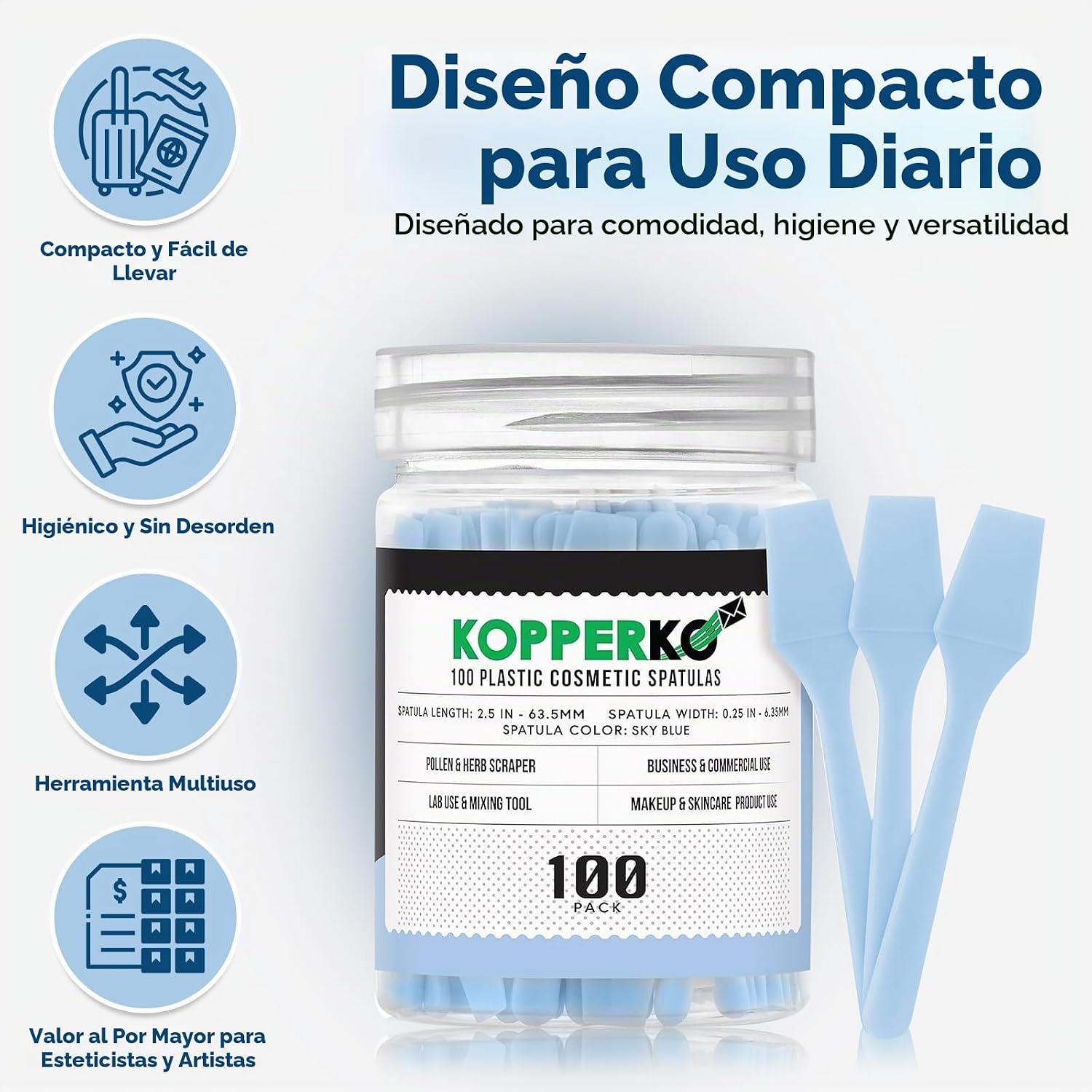 ESPÁTULA COSMÉTICA KOPPERKO MINI 2.5 PULGADAS 100 UNIDADES AZUL CELESTE - 2