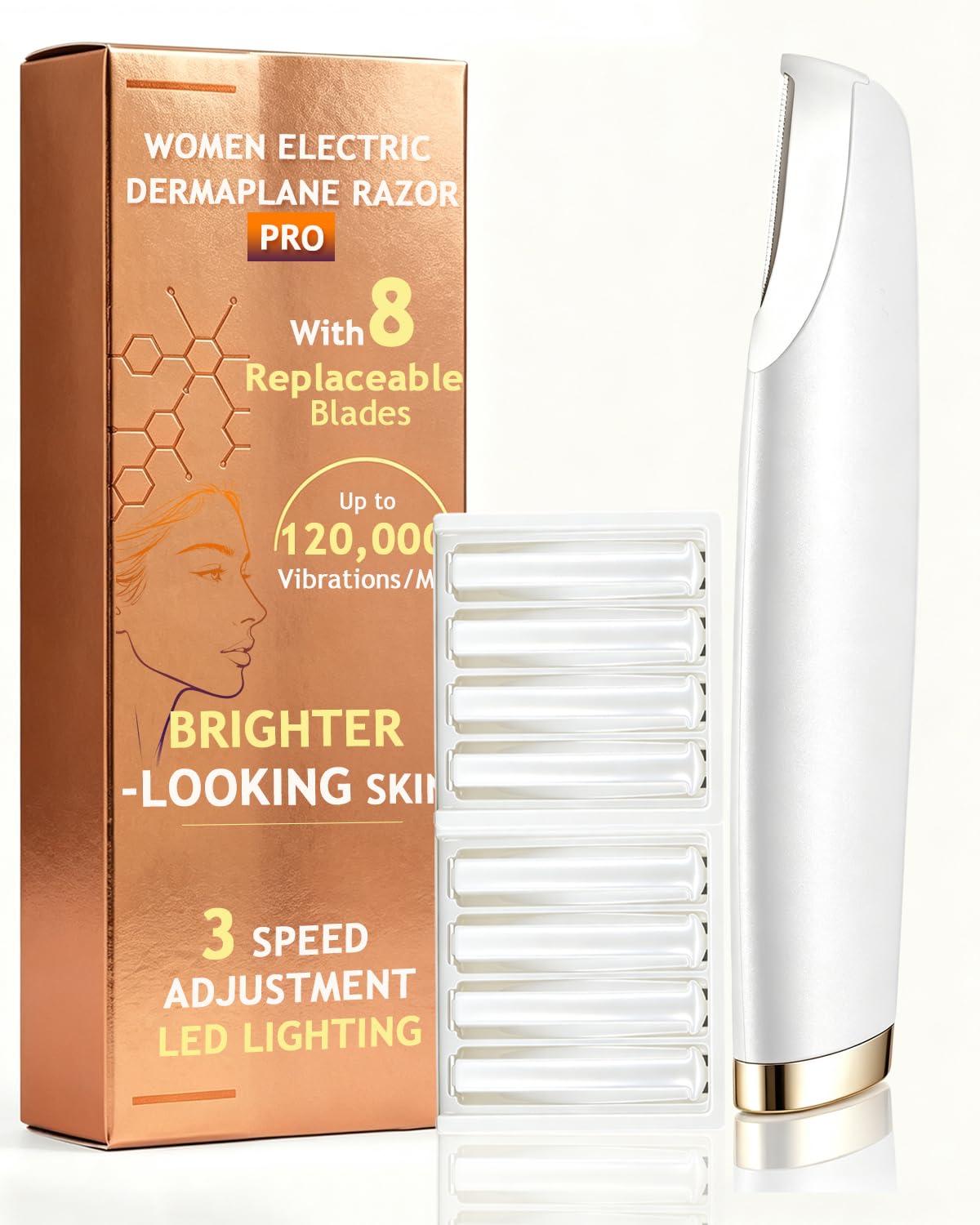DEPILADORA FACIAL ELÉCTRICA URSOBTF DERMAPLANE CON LUZ LED Y 8 CUCHILLAS REEMPLAZABLES BLANCA - 1
