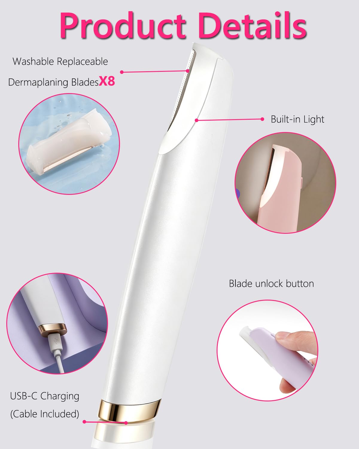 DEPILADORA FACIAL ELÉCTRICA URSOBTF DERMAPLANE CON LUZ LED Y 8 CUCHILLAS REEMPLAZABLES BLANCA - 5