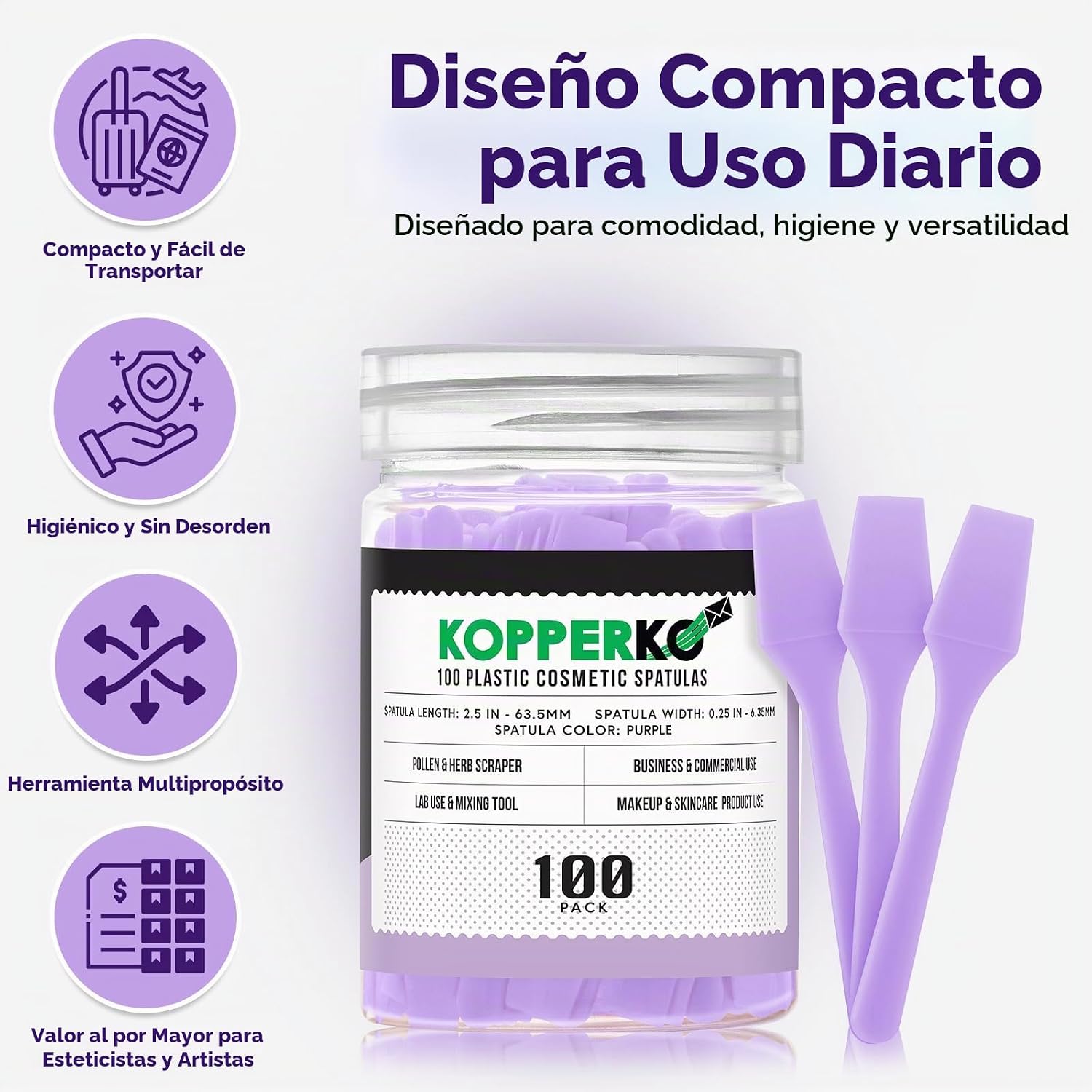 ESPÁTULA FACIAL KOPPERKO MINI 2.5 PULGADAS 100 UNIDADES MORADO - 2