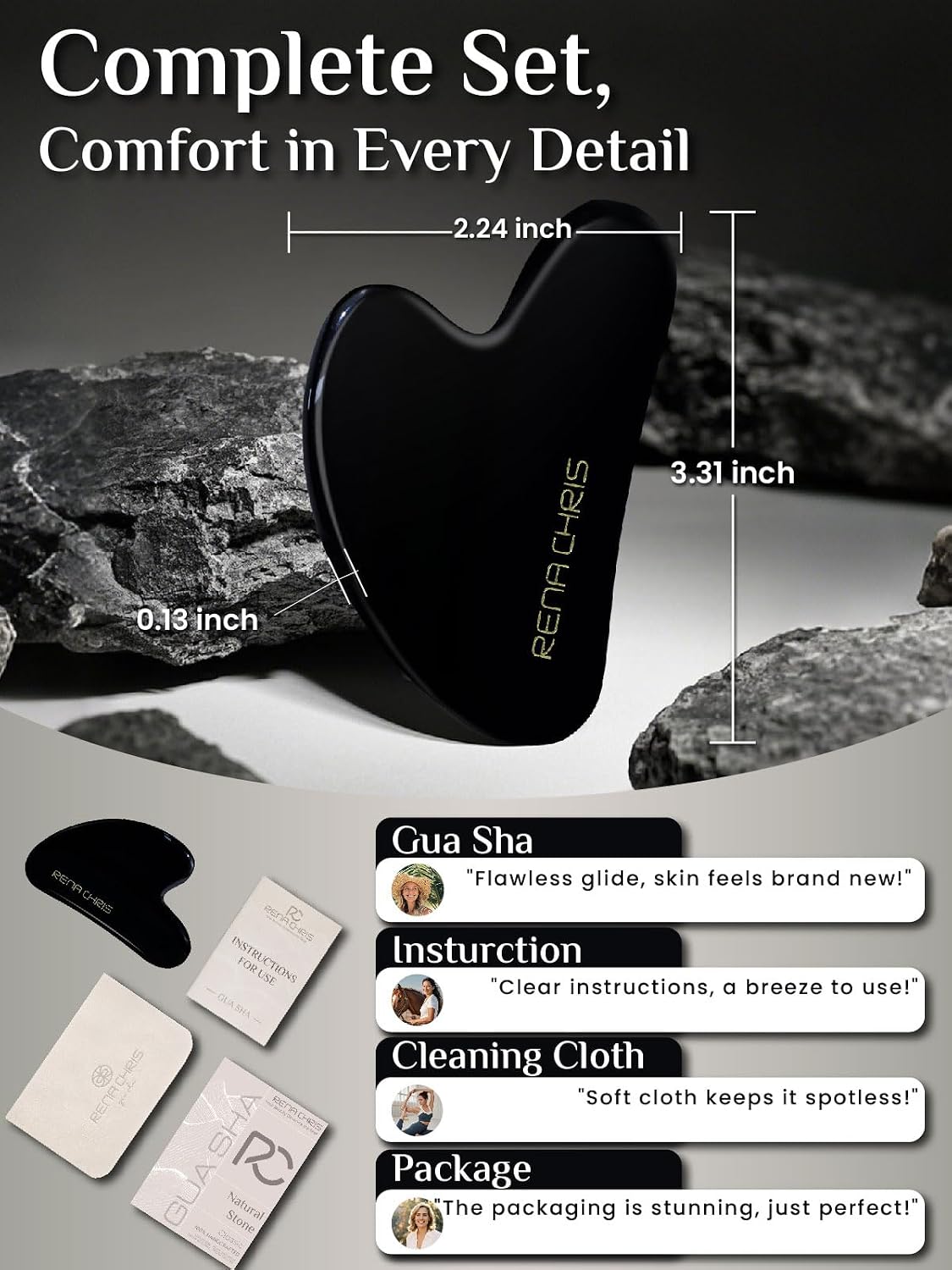 HERRAMIENTA FACIAL GUA SHA RENA CHRIS OBSIDIANA NEGRA - 2