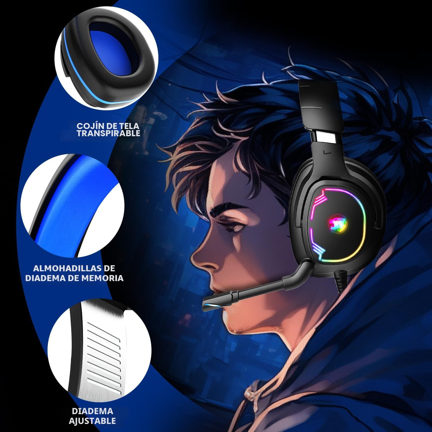 HEADSET PARA GAMING JIMONYER PS5 PS4 XBOX SERIES X|S PC SWITCH AZUL - 5