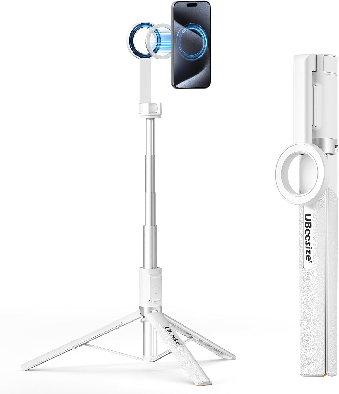 TRÍPODE MAGNÉTICO UBEESIZE PARA IPHONE CON CONTROL REMOTO, EXTENSIBLE HASTA 64'', BLANCO - 1
