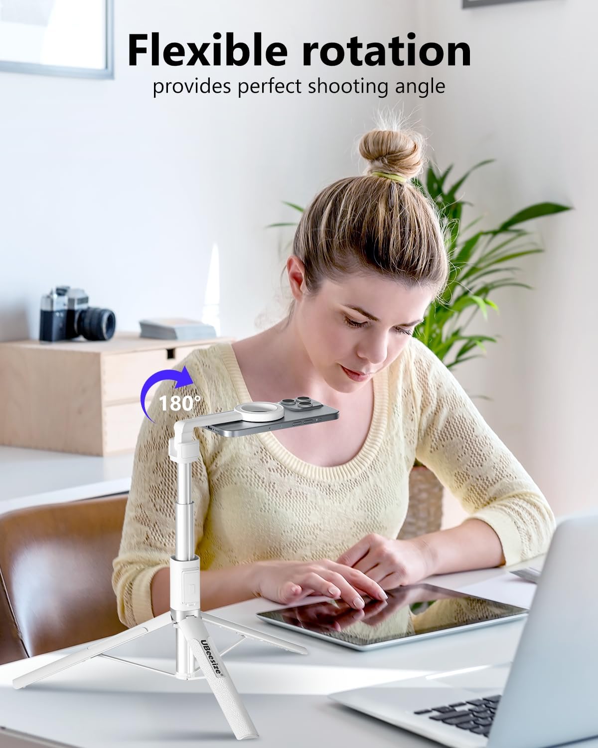 TRÍPODE MAGNÉTICO UBEESIZE PARA IPHONE CON CONTROL REMOTO, EXTENSIBLE HASTA 64'', BLANCO - 5