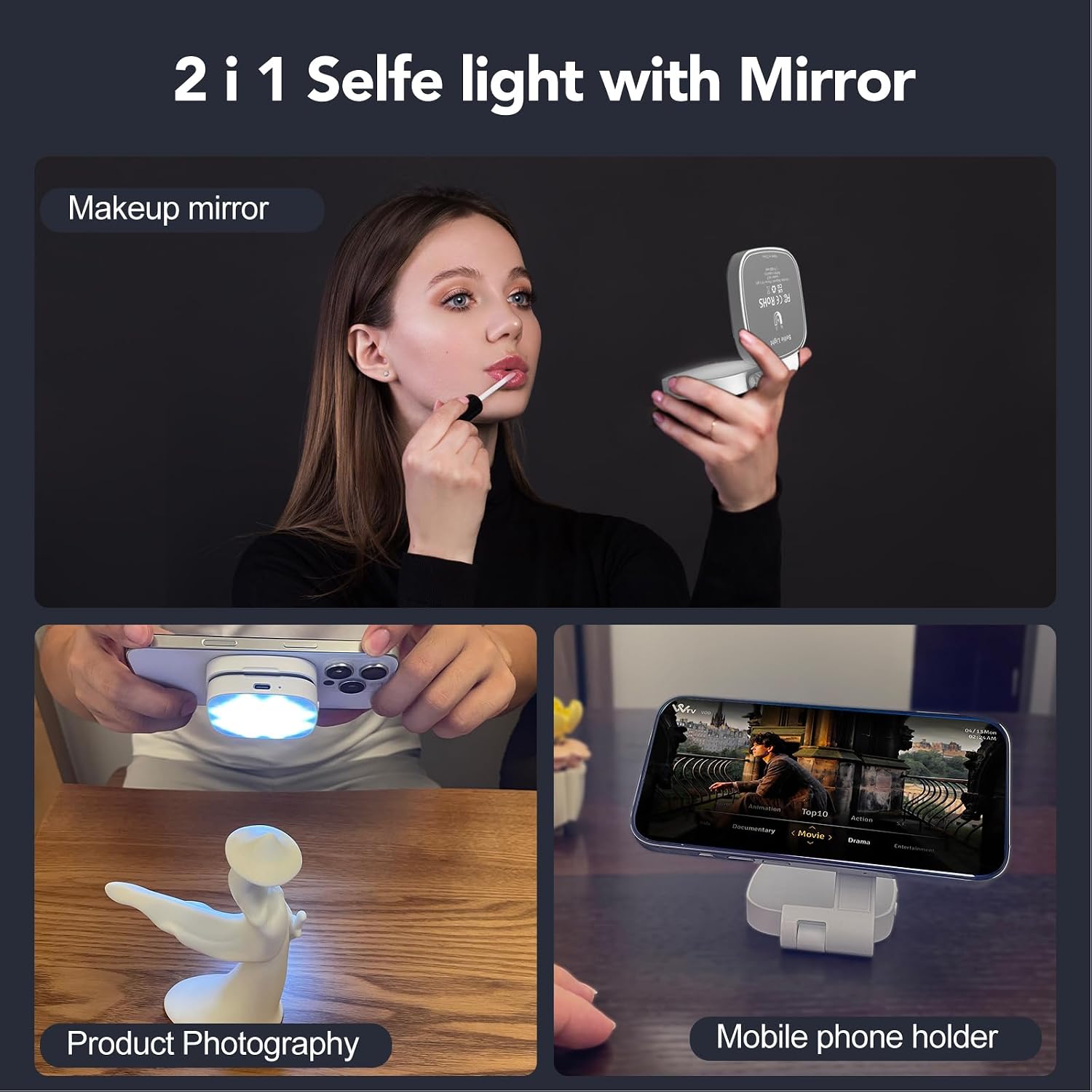 ILUMINADOR PARA SELFIES NAGNAHZ M27 BLANCO CON ESPEJO Y LUZ LED AJUSTABLE - 2