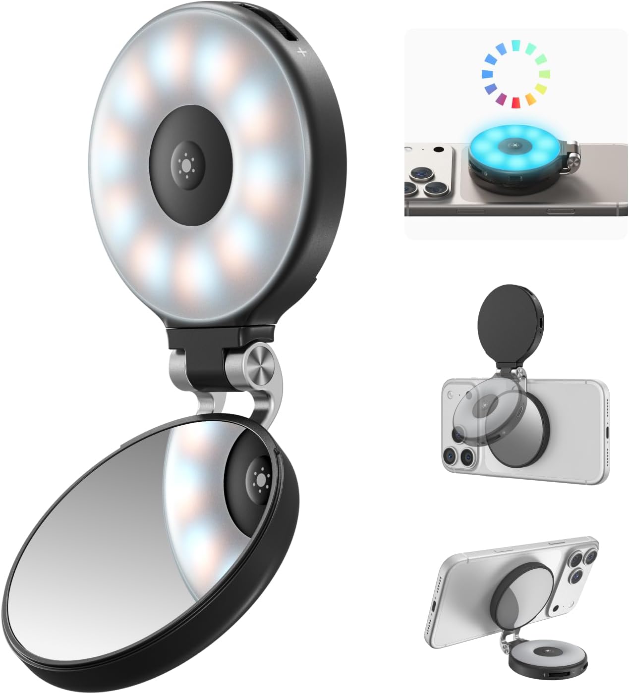 ILUMINADOR TELESIN 4 EN 1 RGB MAGNÉTICO CON ESPEJO Y SOPORTE PARA CELULAR RECARGABLE NEGRO - 1