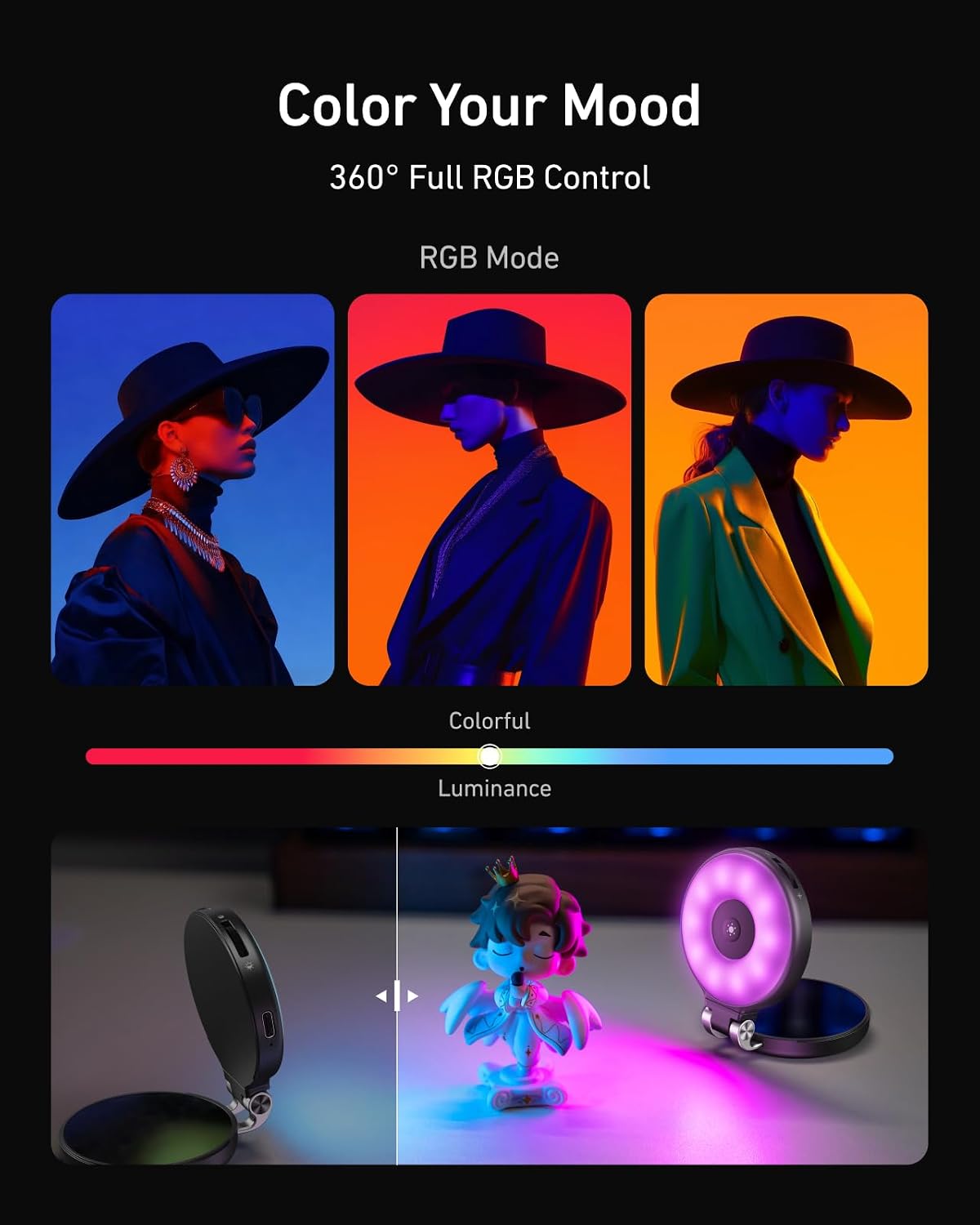 ILUMINADOR TELESIN 4 EN 1 RGB MAGNÉTICO CON ESPEJO Y SOPORTE PARA CELULAR RECARGABLE NEGRO - 5
