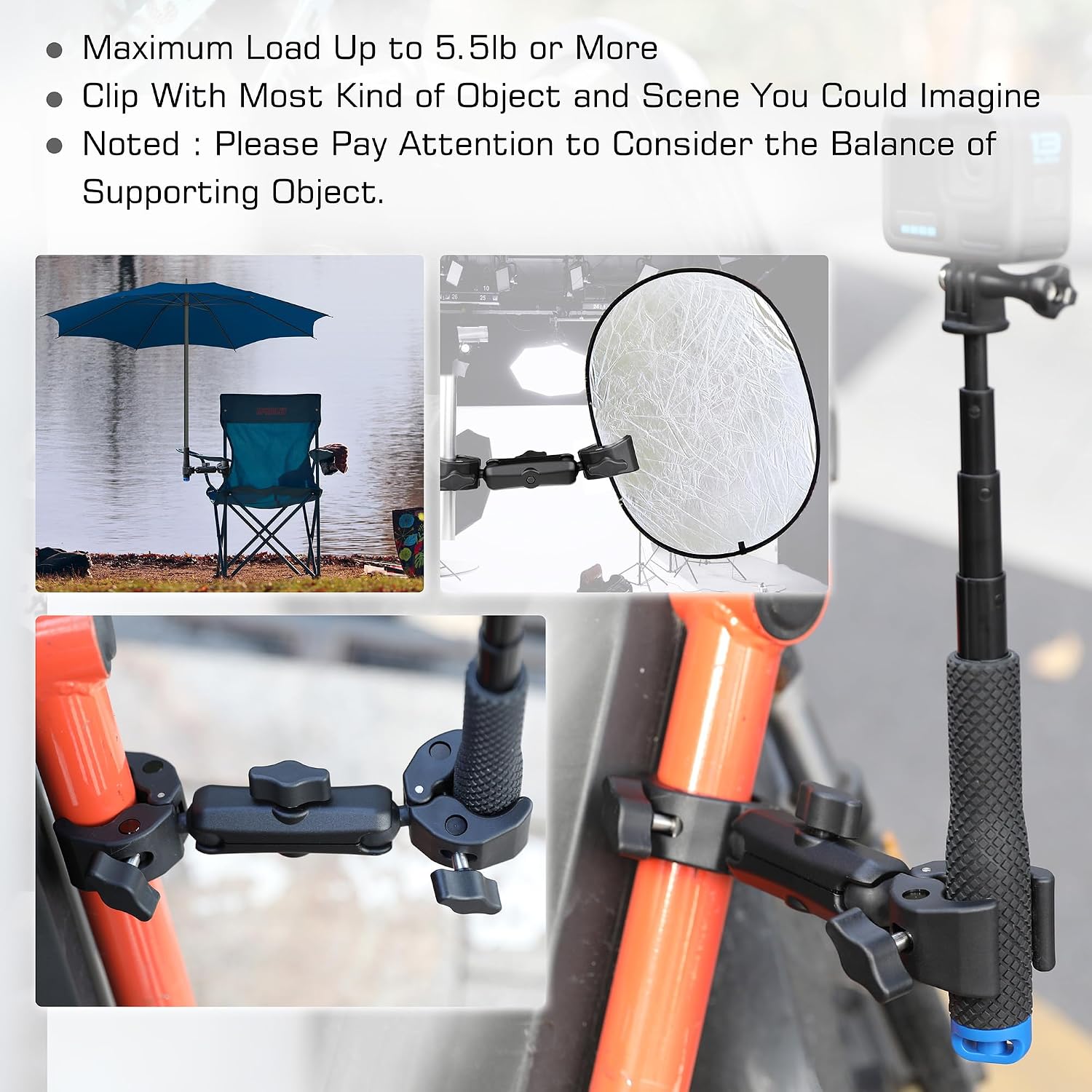 SOPORTE PARA CÁMARA GEPULY DOBLE SUPER CLAMP 360° PARA PARAGUAS Y SILLAS - 4