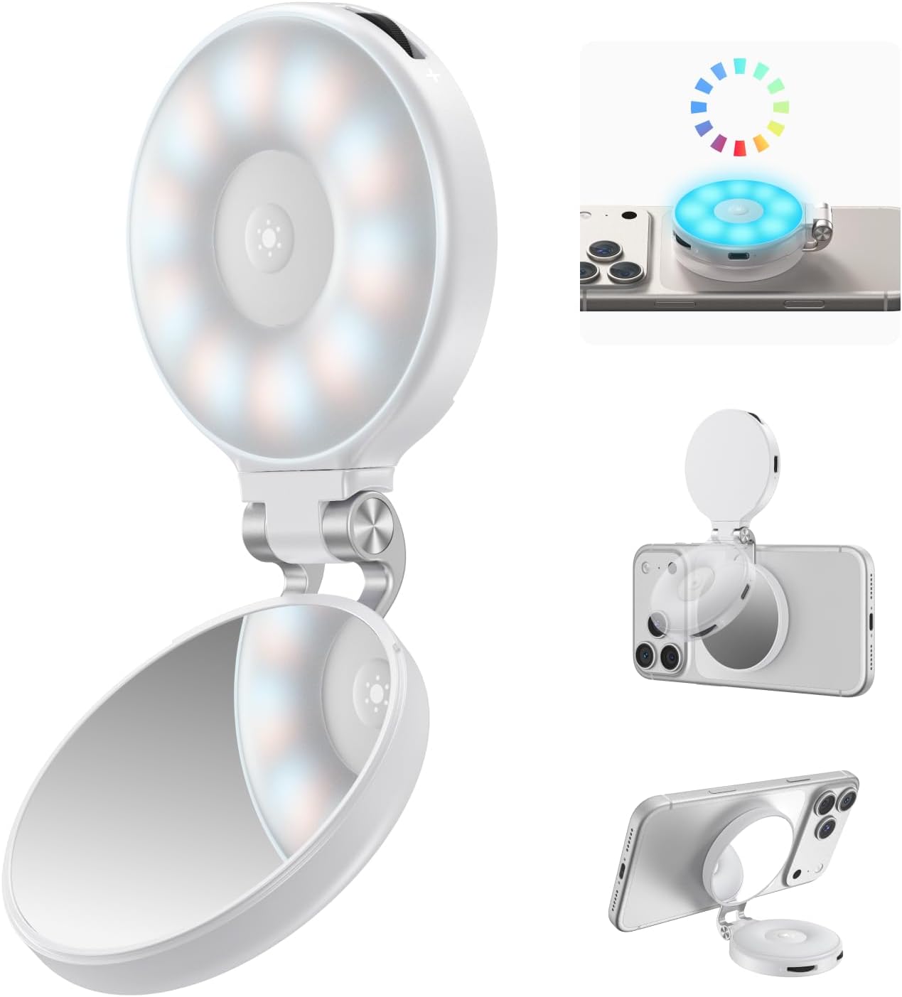 ILUMINADOR TELESIN 4 EN 1 RGB CON ESPEJO Y SOPORTE PARA CELULAR RECARGABLE BLANCO - 1