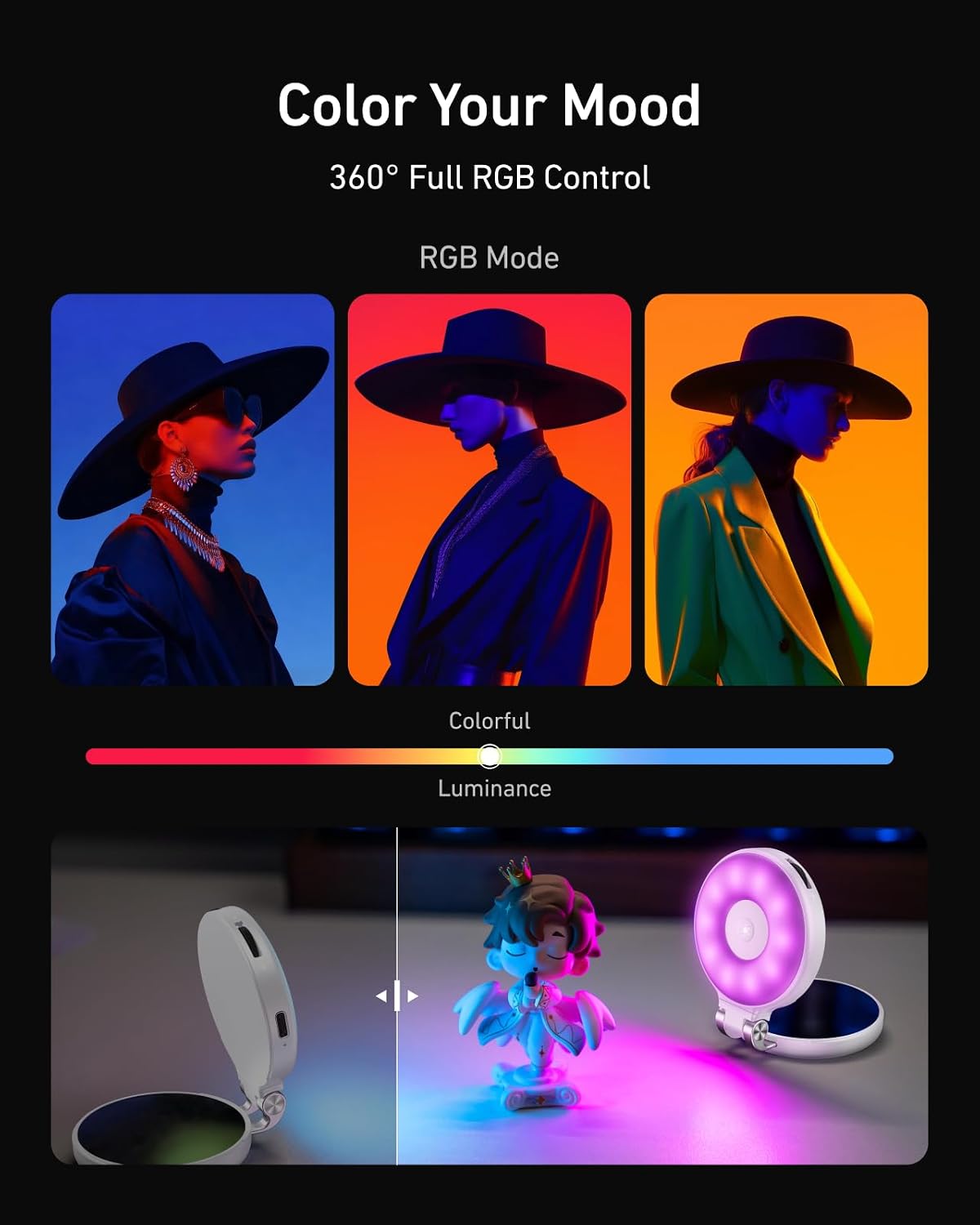 ILUMINADOR TELESIN 4 EN 1 RGB CON ESPEJO Y SOPORTE PARA CELULAR RECARGABLE BLANCO - 5