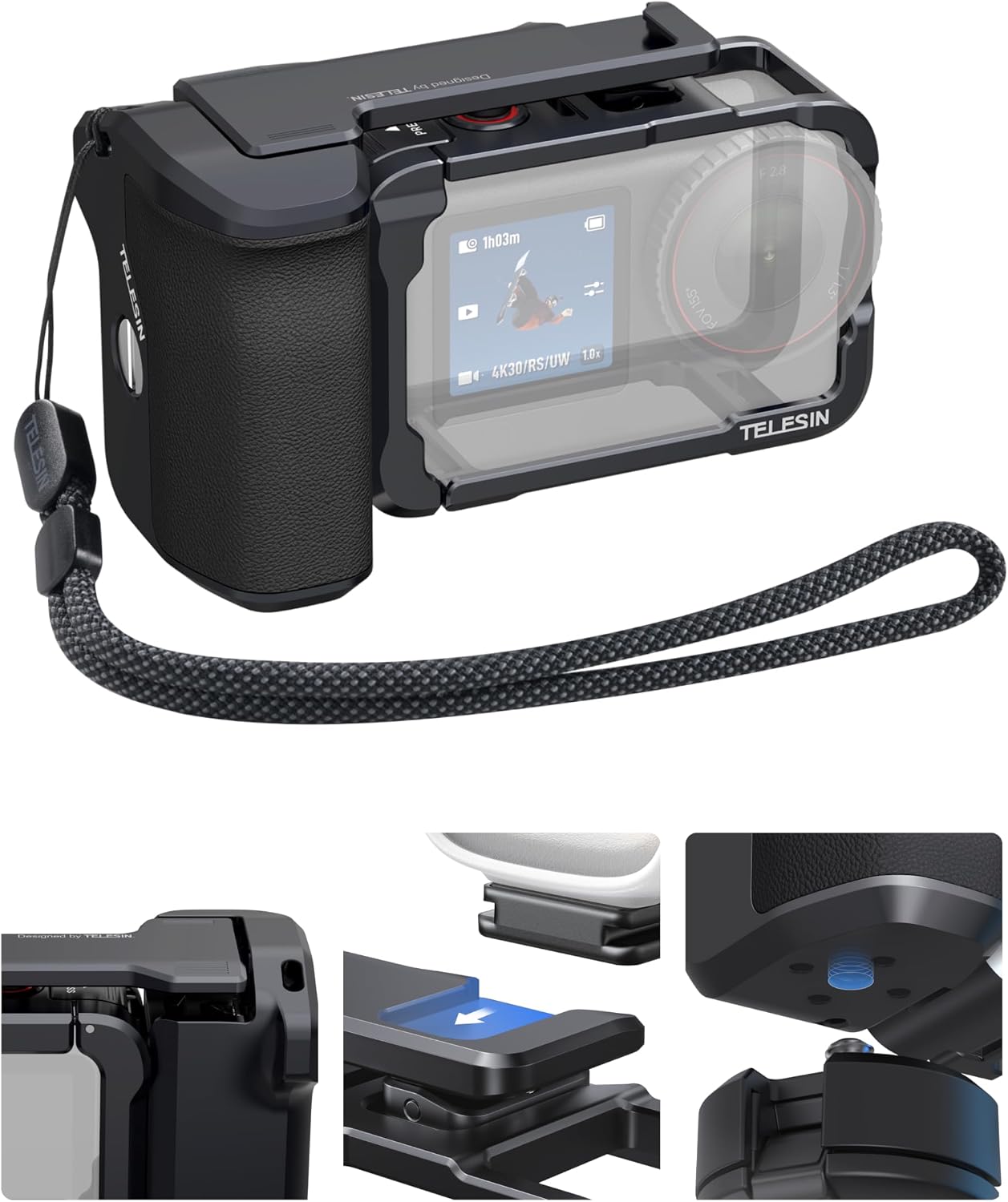 SOPORTE Y EMPUÑADURA PARA CÁMARA TELESIN PARA DJI OSMO ACTION 6 ALUMINIO - 1