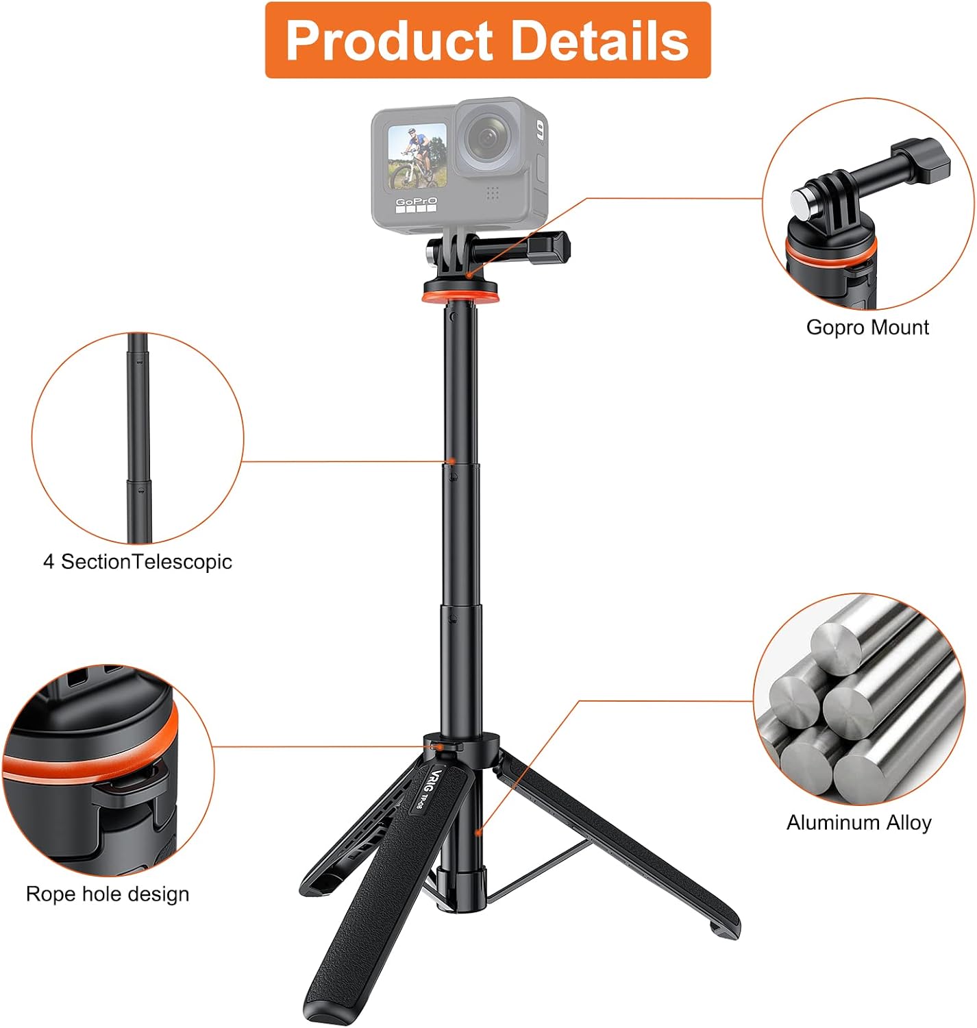 TRÍPODE PARA CÁMARA VRIG 20.1 PULGADAS MINI EXTENSIBLE PARA GOPRO Y DJI OSMO - 3