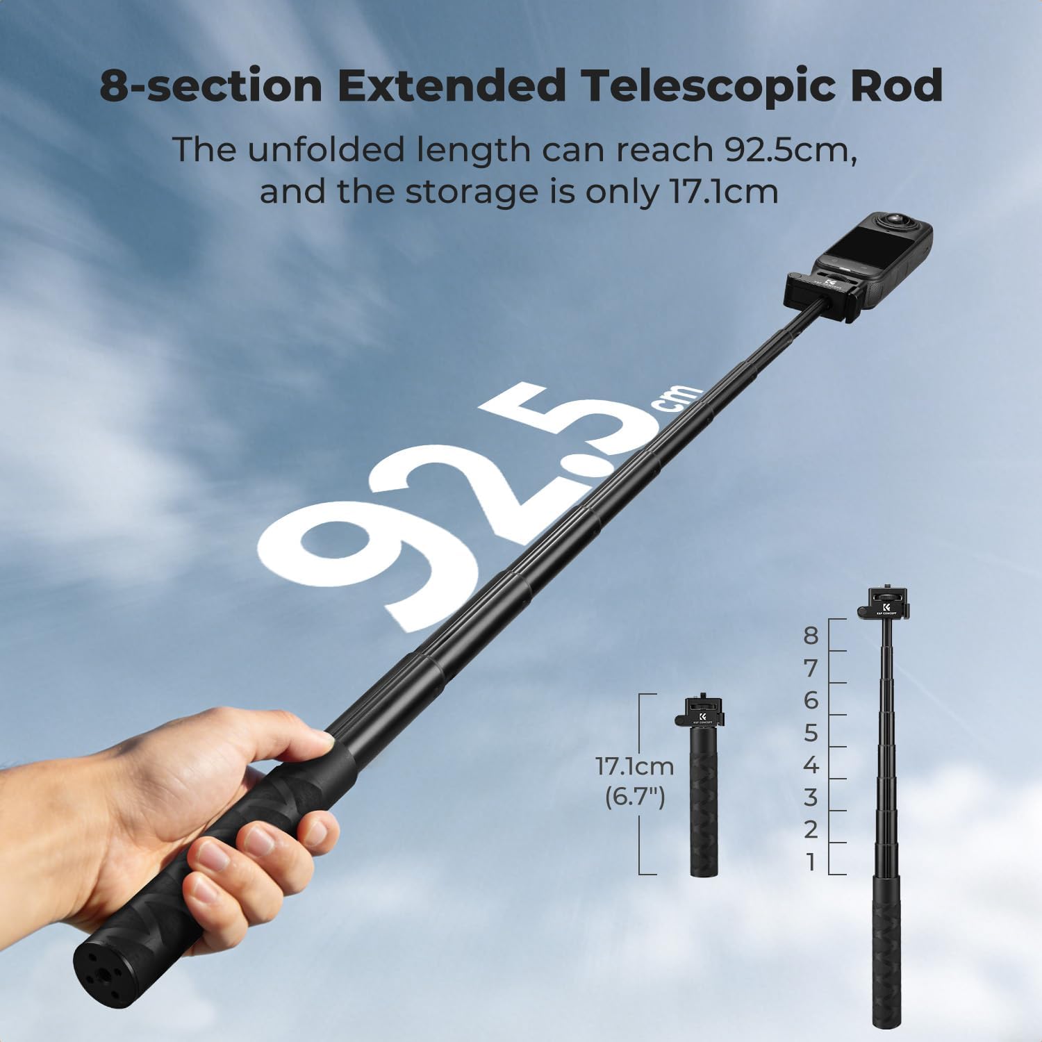 SOPORTE PARA CÁMARA DE ACCIÓN KYF CONCEPT PALO SELFIE PLEGABLE 92.5 CM COMPATIBLE CON INSTA360 X5 - 3