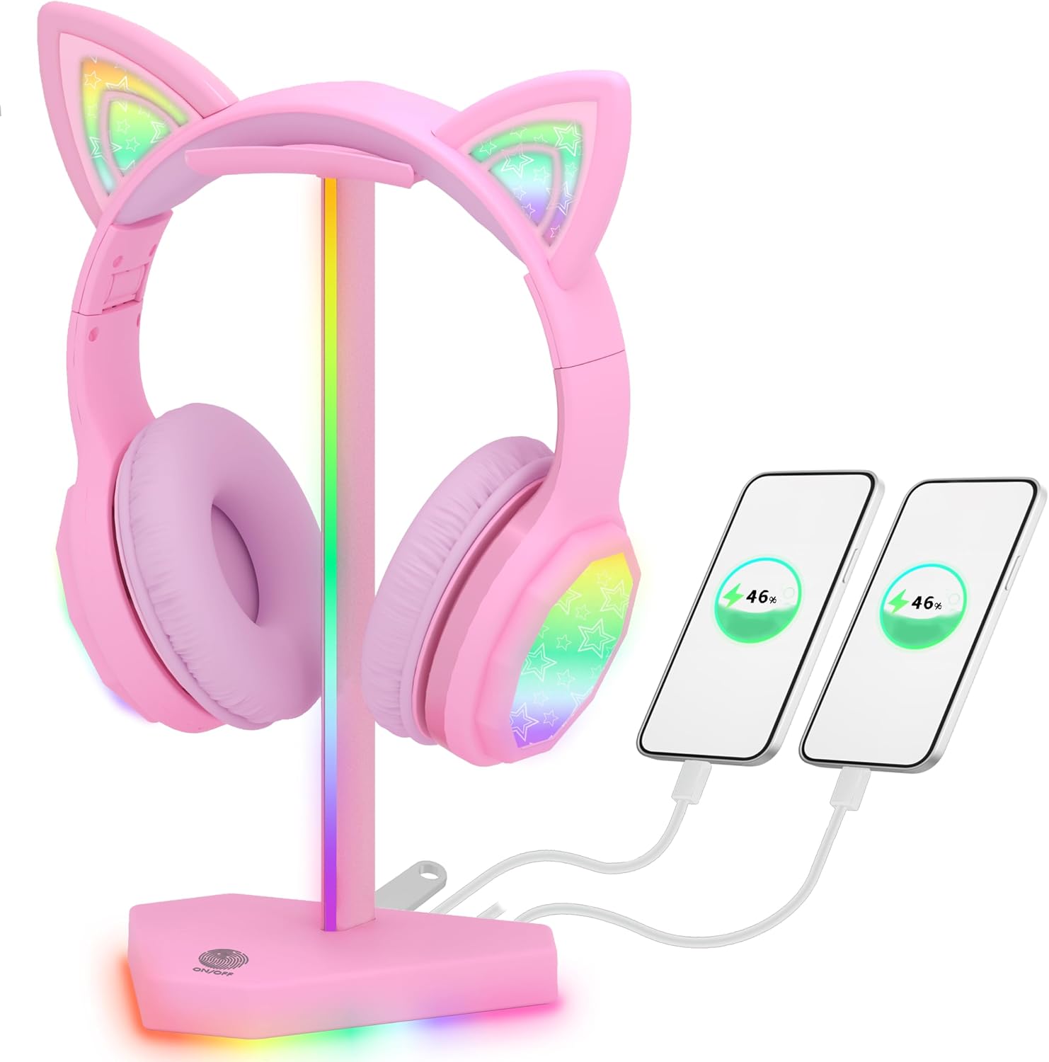 SOPORTE PARA AUDÍFONOS CHARLXEE RGB CON 1 PUERTO USB-C Y 3 PUERTOS TYPE-C PARA CARGA Y TRANSFERENCIA, BASE ANTIDESLIZANTE ROSA - 1