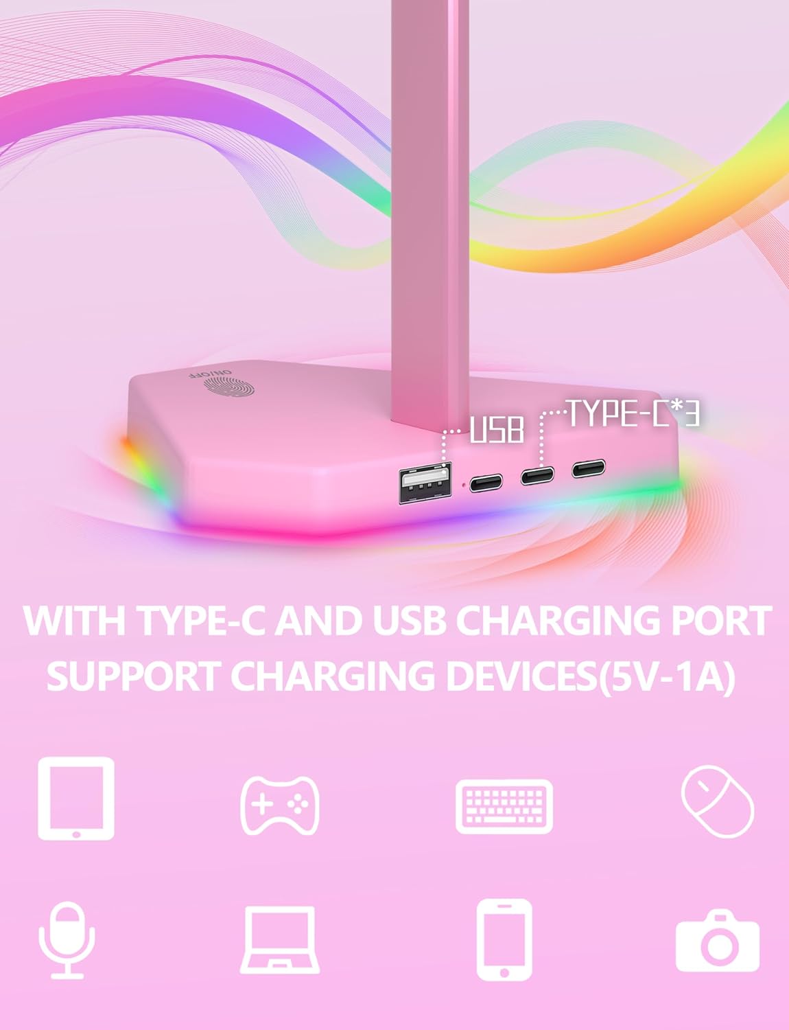 SOPORTE PARA AUDÍFONOS CHARLXEE RGB CON 1 PUERTO USB-C Y 3 PUERTOS TYPE-C PARA CARGA Y TRANSFERENCIA, BASE ANTIDESLIZANTE ROSA - 2