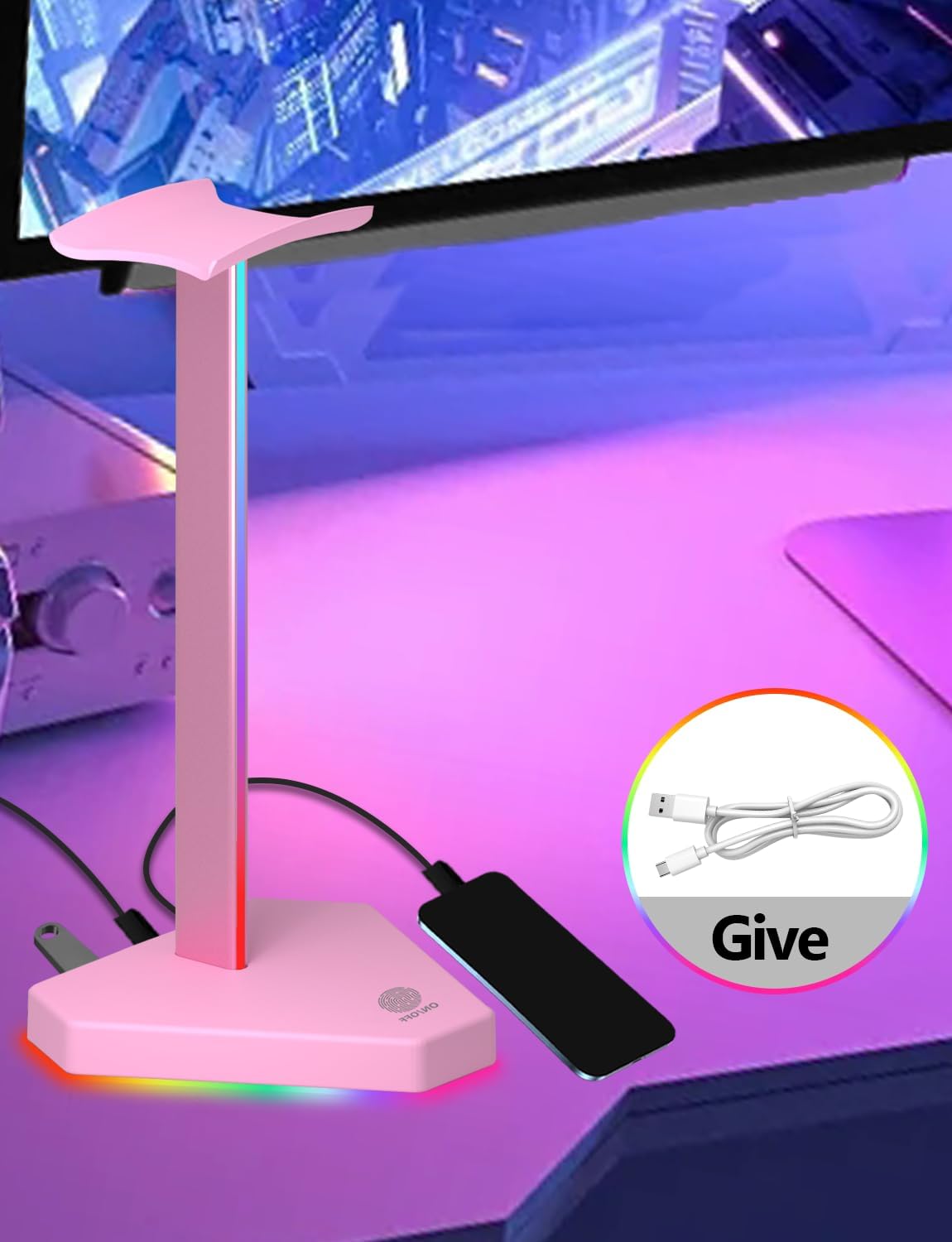 SOPORTE PARA AUDÍFONOS CHARLXEE RGB CON 1 PUERTO USB-C Y 3 PUERTOS TYPE-C PARA CARGA Y TRANSFERENCIA, BASE ANTIDESLIZANTE ROSA - 4
