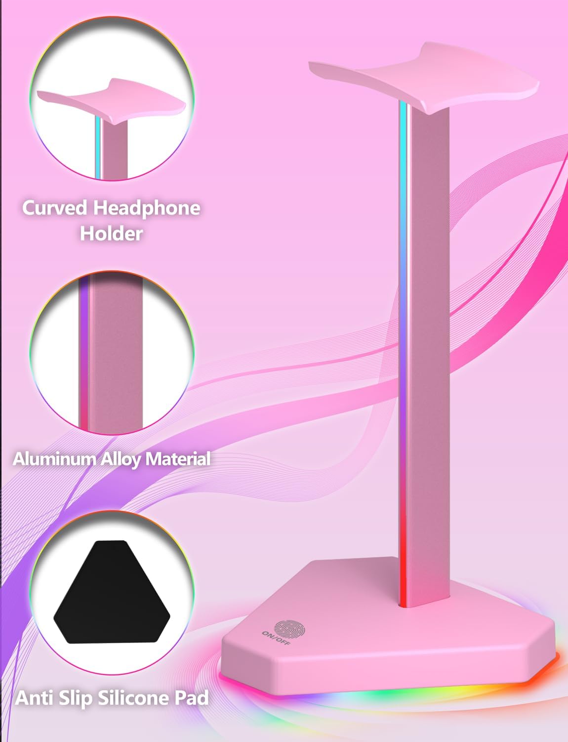 SOPORTE PARA AUDÍFONOS CHARLXEE RGB CON 1 PUERTO USB-C Y 3 PUERTOS TYPE-C PARA CARGA Y TRANSFERENCIA, BASE ANTIDESLIZANTE ROSA - 5