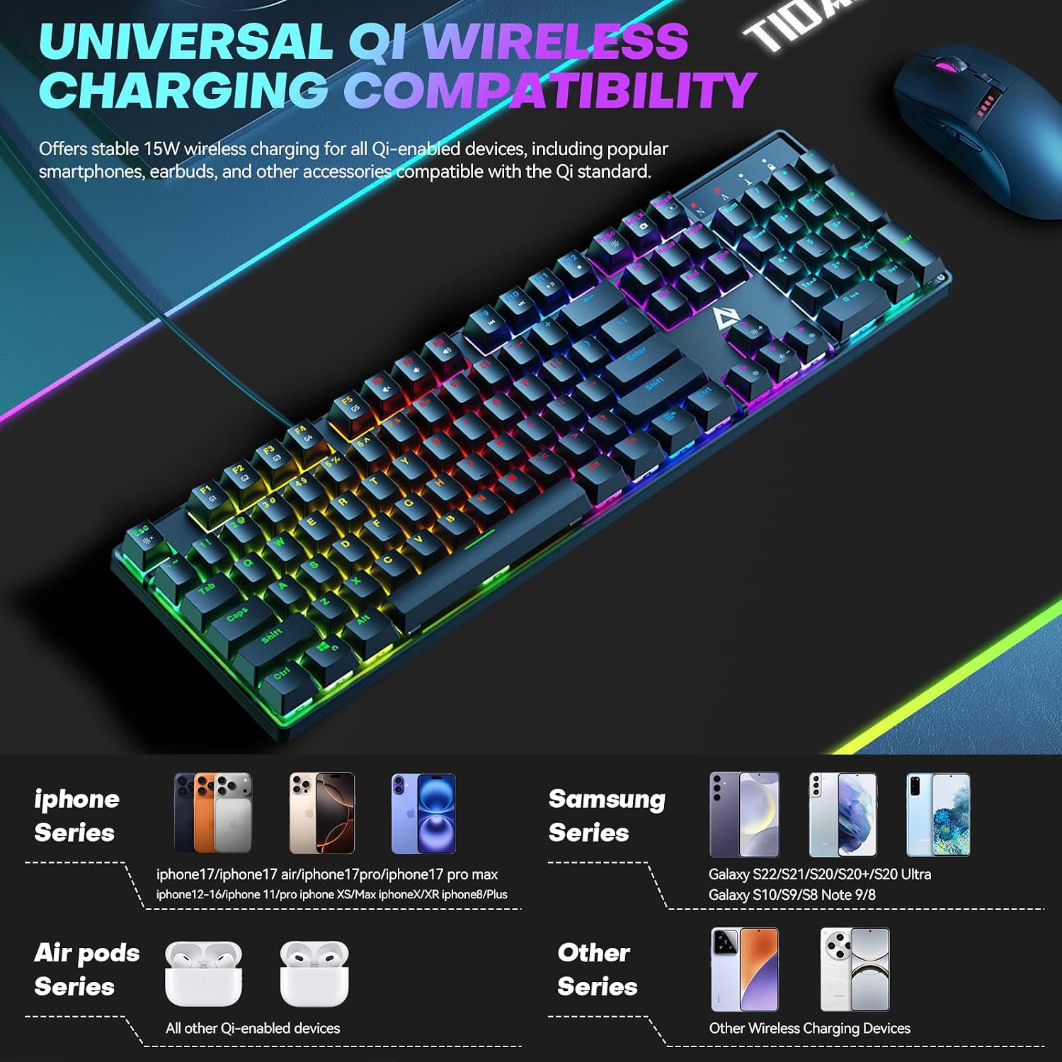 MOUSE PAD TIDALSOIL RGB CON CARGADOR INALÁMBRICO 15W 70X30 CM - 5