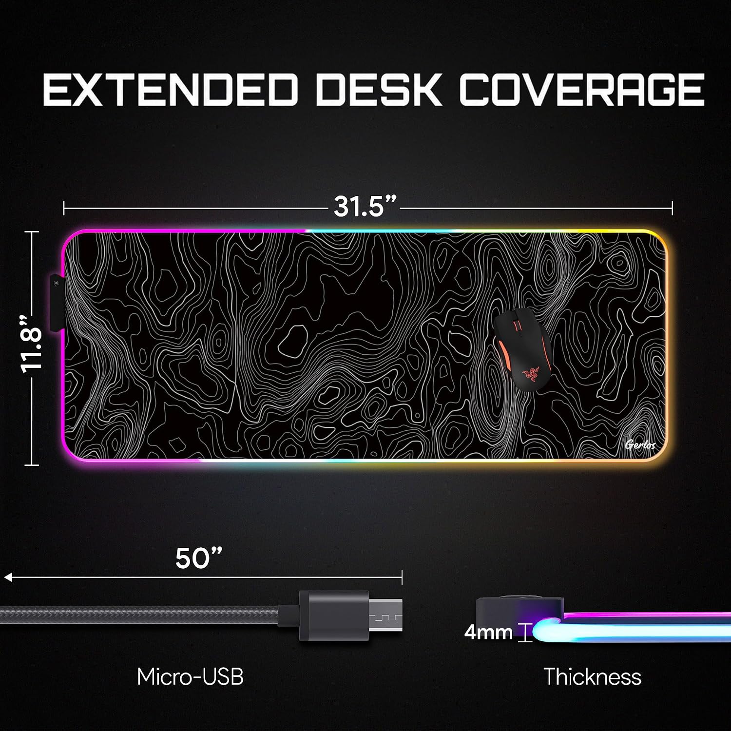 MOUSE PAD GAMING GERLOS RGB GRANDE 80 X 30 CM - 3