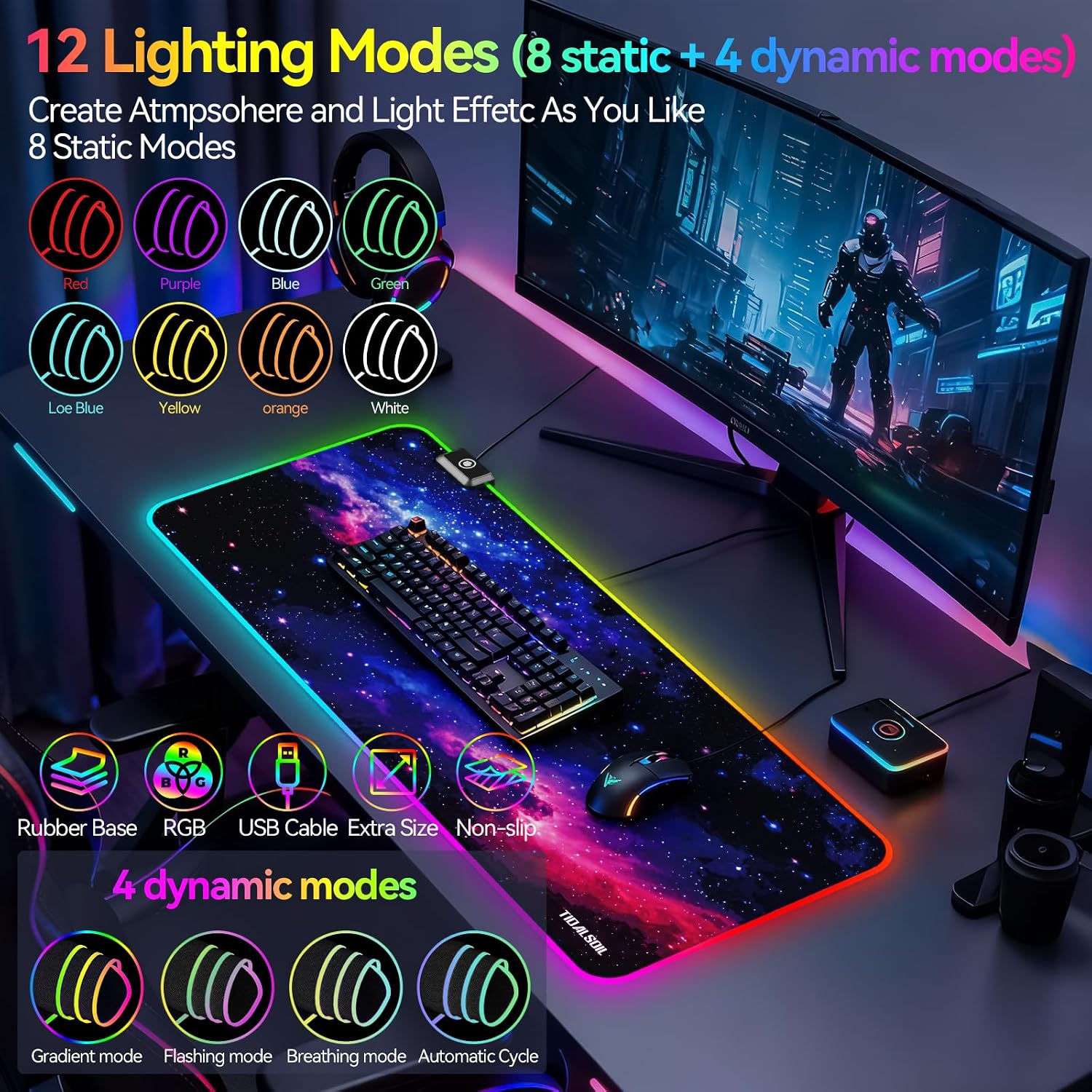 MOUSE PAD GAMING TIDALSOIL RGB STARRY SKY 80X30 CM LED - 3