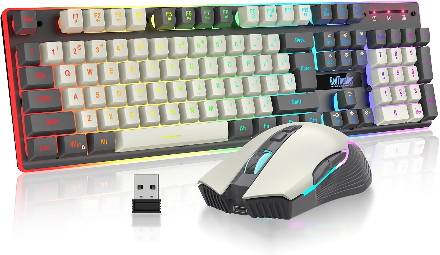 KIT DE TECLADO Y MOUSE INALÁMBRICO REDTHUNDER K10 PRO RGB RECARGABLE 3800MAH BLANCO GRIS - 1