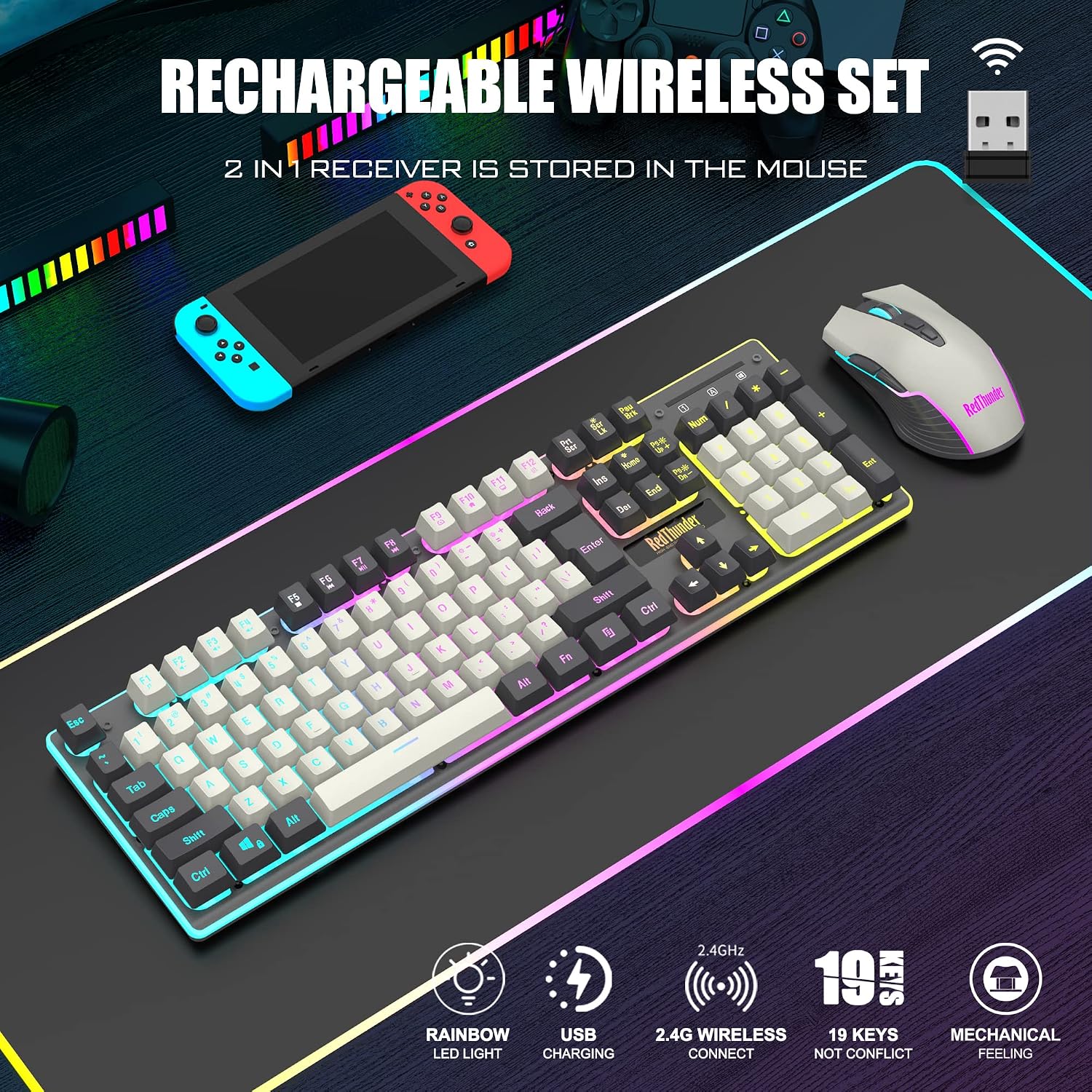 KIT DE TECLADO Y MOUSE INALÁMBRICO REDTHUNDER K10 PRO RGB RECARGABLE 3800MAH BLANCO GRIS - 2